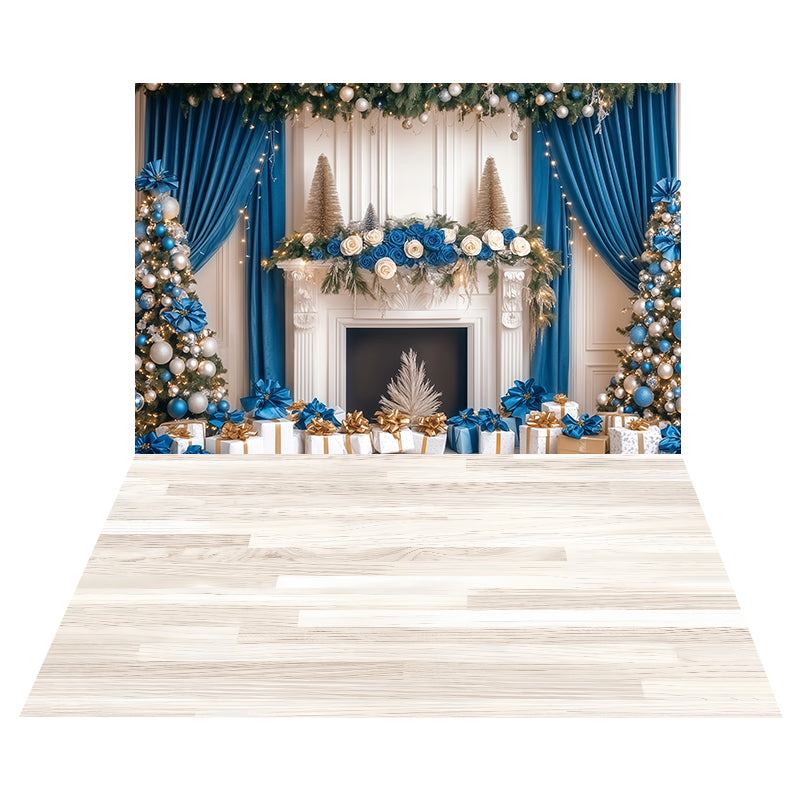 Blue Fireplace Elegance Backdrop+White Washed Wood Floor Backdrop UK MRR8-198