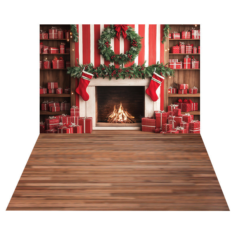 Candy Stripe Fireplace Backdrop+Wooden Plank Floor Backdrop UK MRR8-202