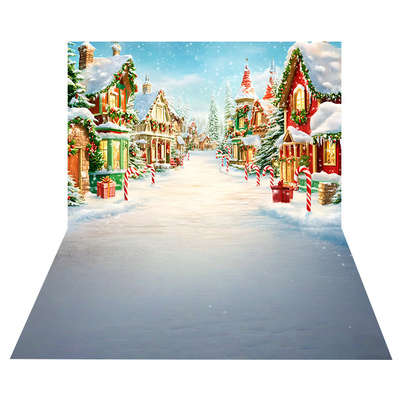 Snowy Village House Backdrop+Winter Snow Floor Backdrop UK MRR8-204