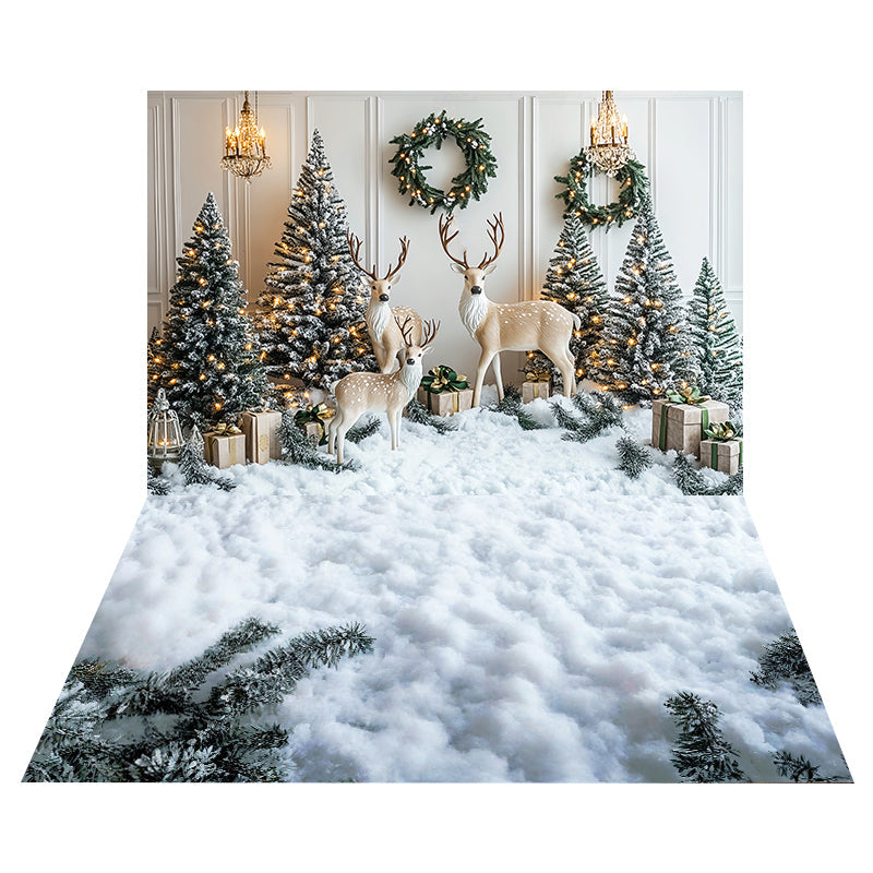 Winter Reindeer Christmas Backdrop+Snow Pine Floor Backdrop UK MRR8-210