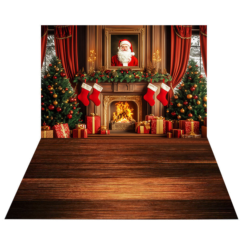Santa Fireplace Stockings Backdrop+Rustic Wood Floor Backdrop UK MRR8-212