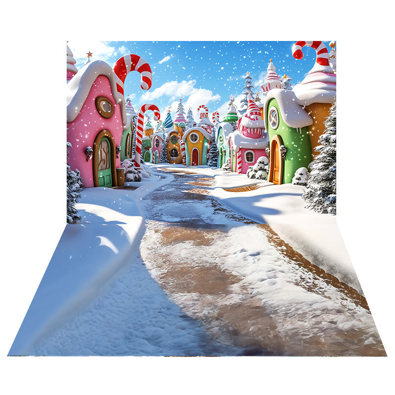Whimsical Candy Village Backdrop+Snowy Ice Texture Floor Backdrop UK MRR8-214