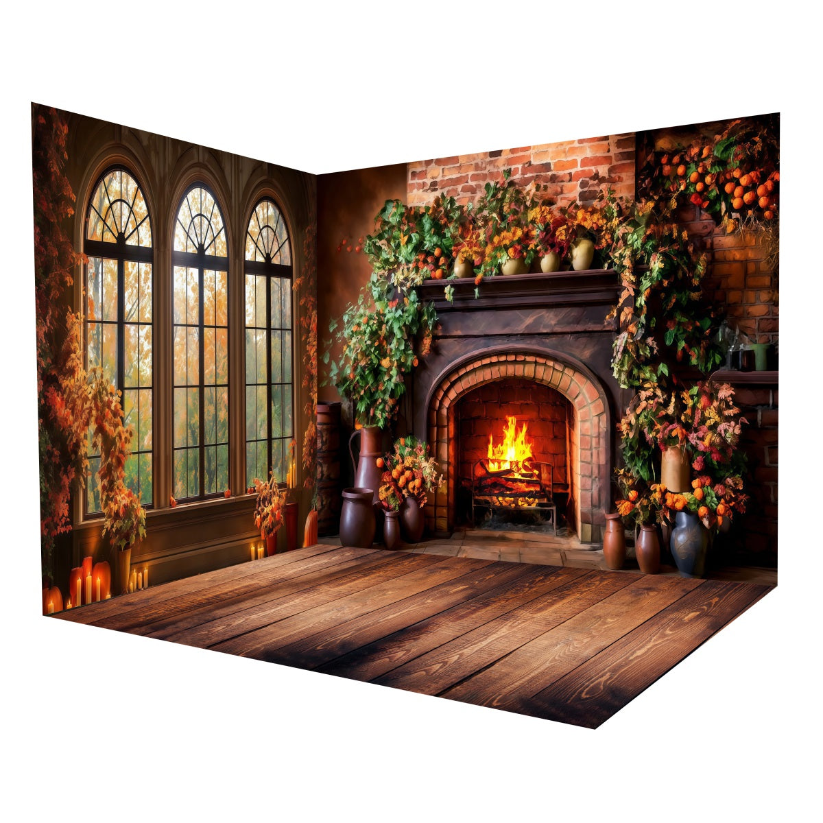 Fall Photo Backdrop Cozy Autumn Fireplace Glow Backdrop Room Set UK MRR8-227