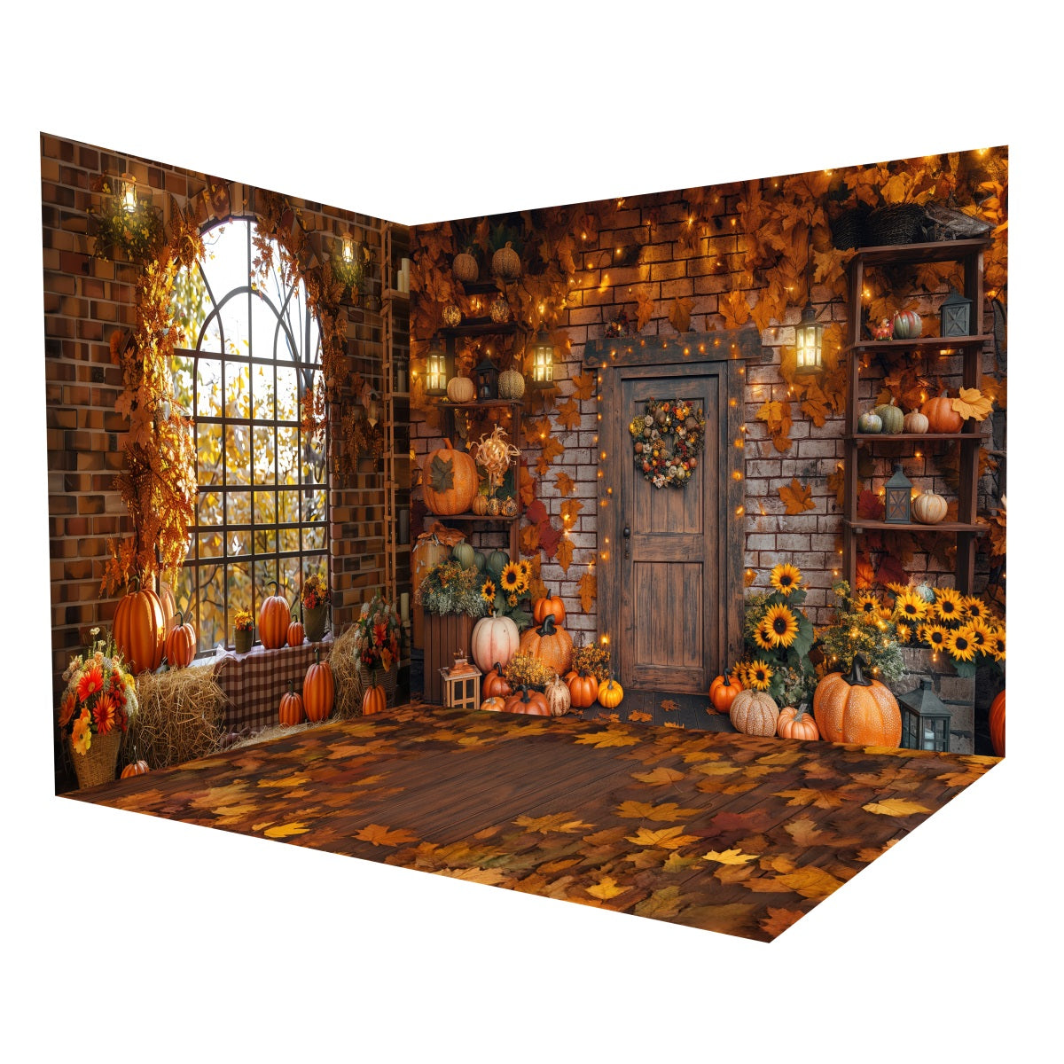 Fall Photo Backdrop Brick Wall Autumn Pumpkins Backdrop Room Set UK MRR8-234