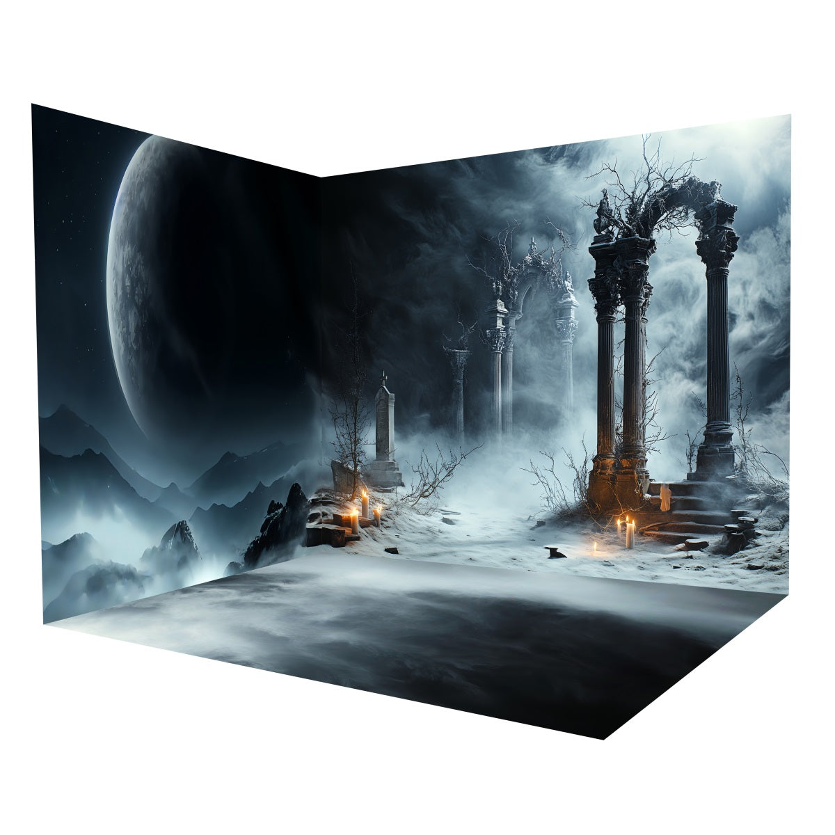 Halloween Photo Backdrop Moonlit Gothic Graveyard Mist Backdrop Room Set UK MRR8-251