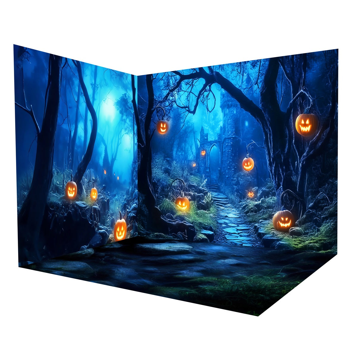 Halloween Backdrop Blue Enchanted Forest Pumpkins Backdrop Room Set UK MRR8-257