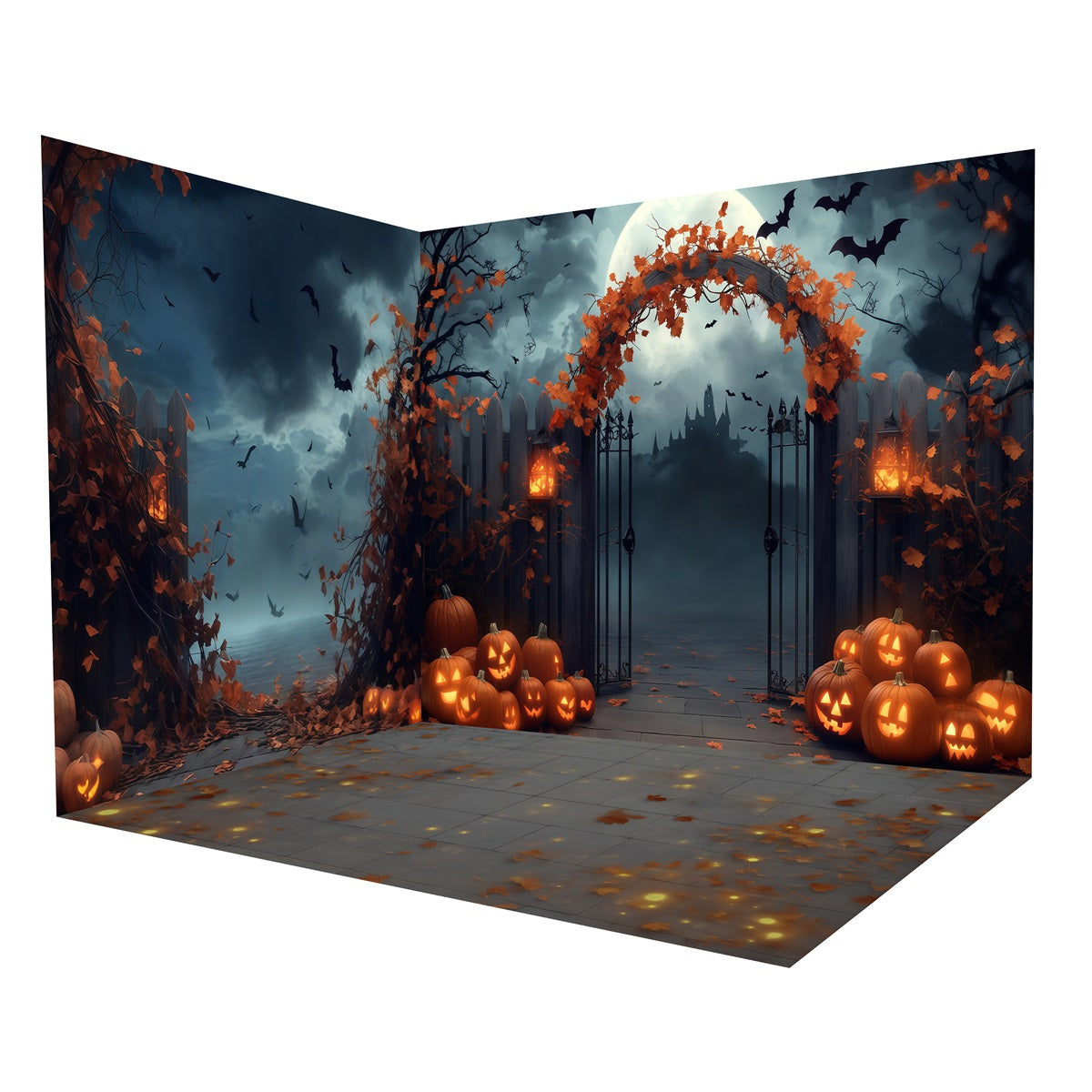 Halloween Photo Booth Backdrop Spooky Iron Gate Pumpkins Backdrop Room Set UK MRR8-260