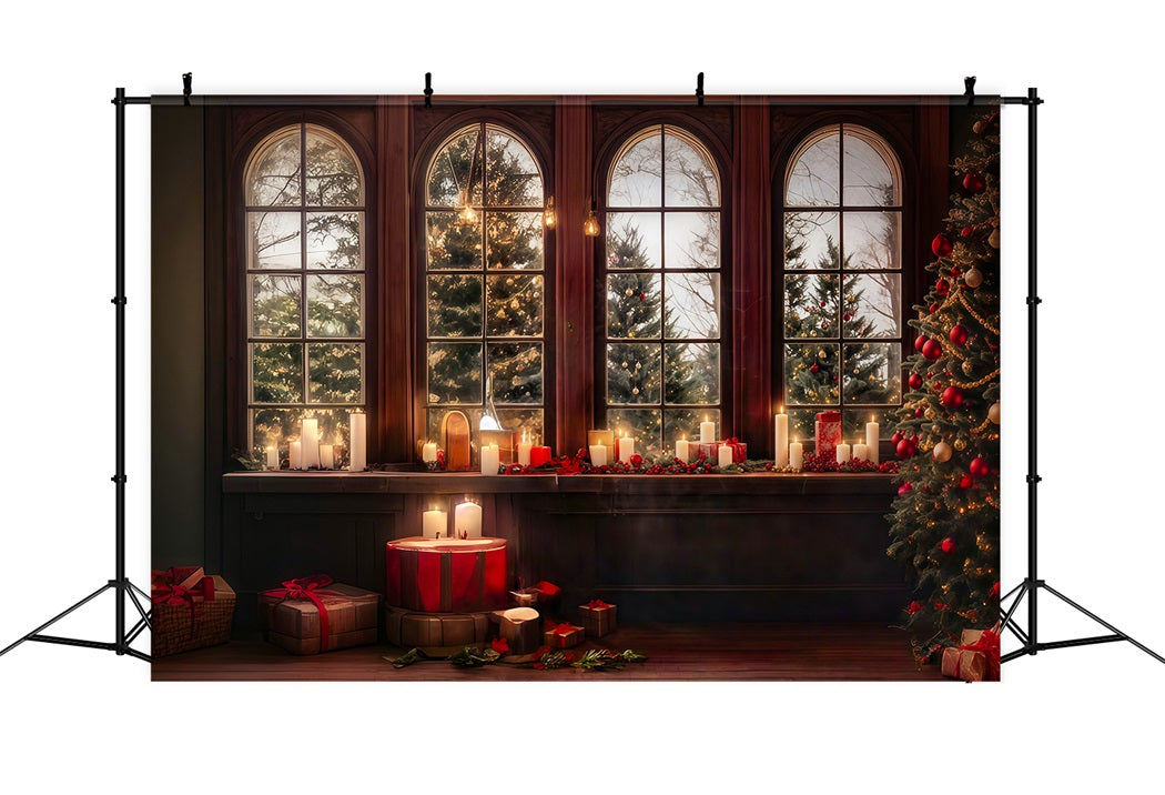 Christmas Photo Backdrop Candle Glow Window Snowy Trees Christmas Backdrops UK MRR8-262