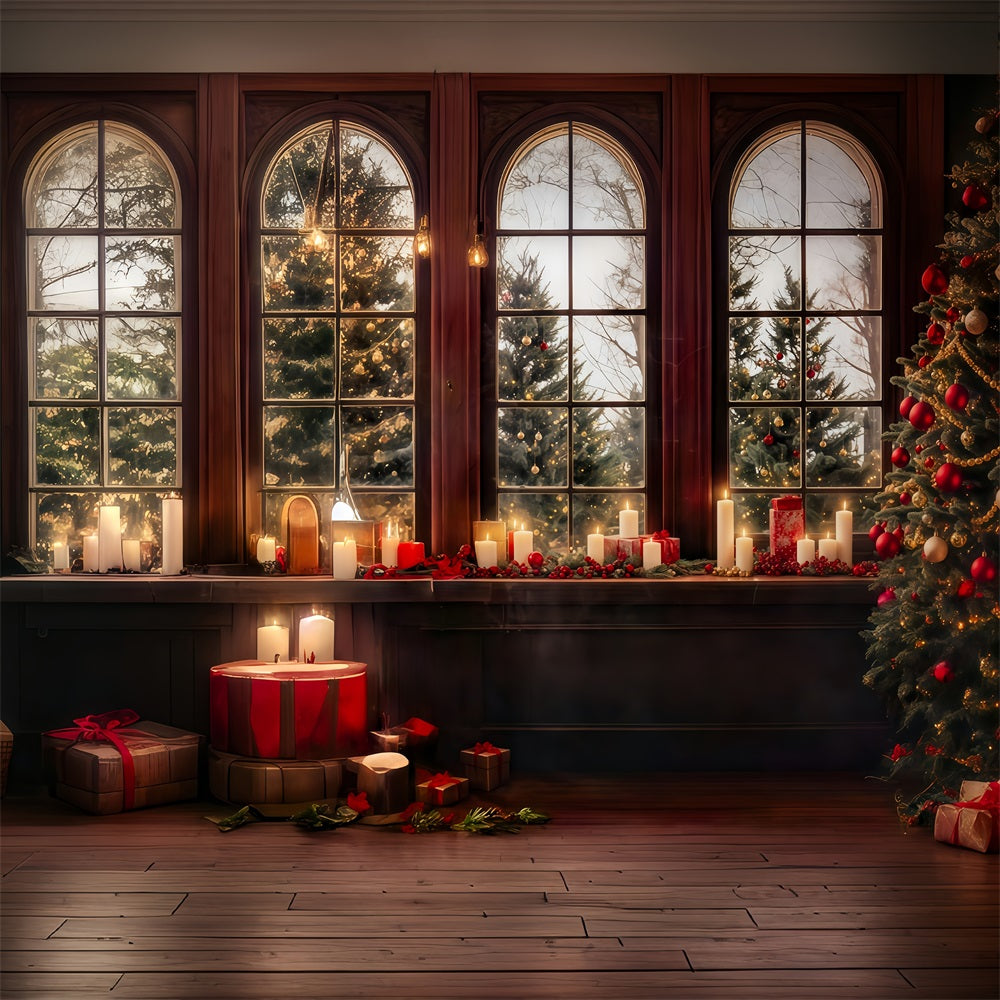 Christmas Photo Backdrop Candle Glow Window Snowy Trees Christmas Backdrops UK MRR8-262