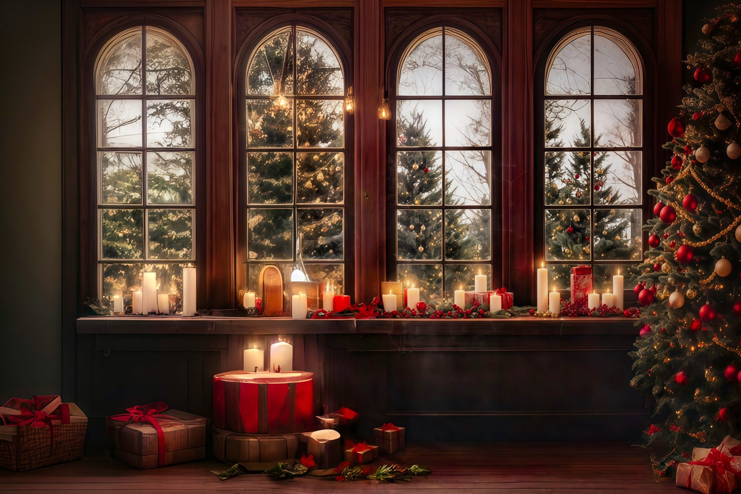 Christmas Photo Backdrop Candle Glow Window Snowy Trees Christmas Backdrops UK MRR8-262