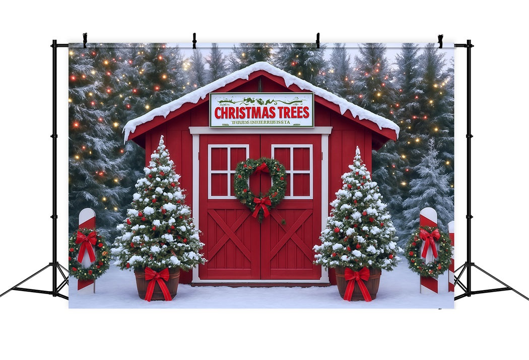 Christmas Trees Backdrop Snowy Farm House Red Barn Christmas Photo Backdrop UK MRR8-263