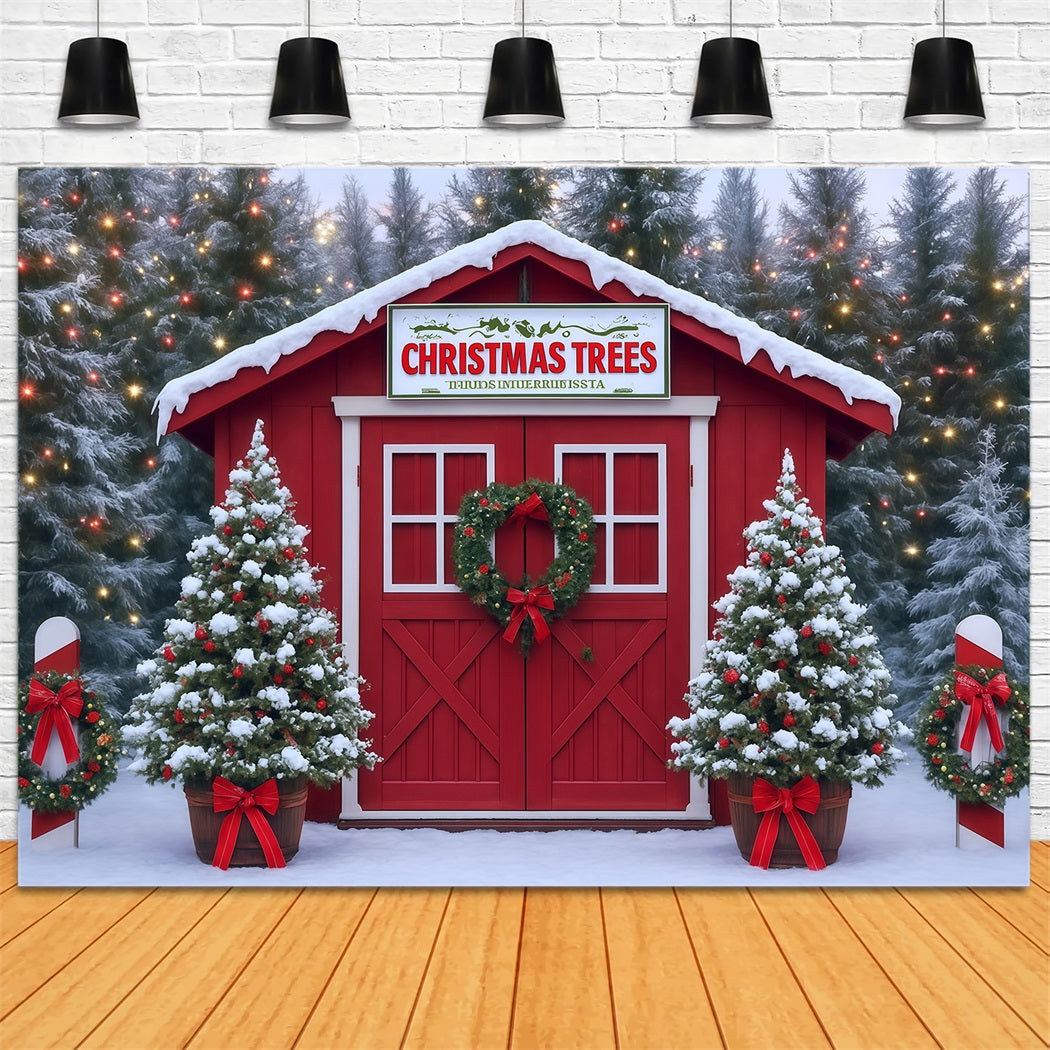 Christmas Trees Backdrop Snowy Farm House Red Barn Christmas Photo Backdrop UK MRR8-263