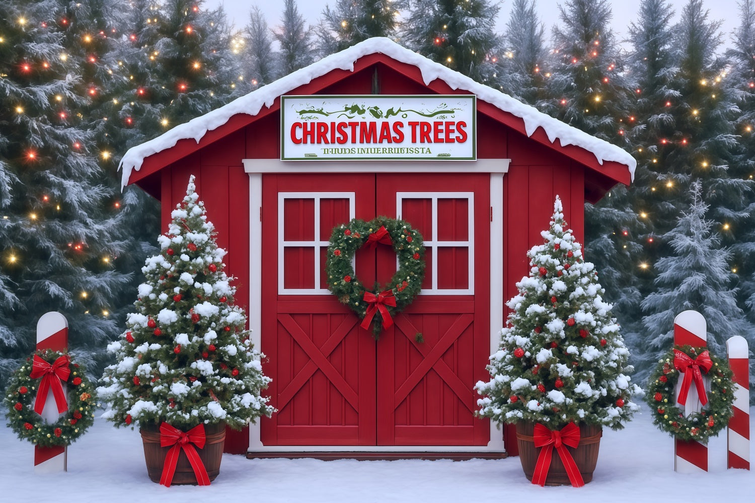 Christmas Trees Backdrop Snowy Farm House Red Barn Christmas Photo Backdrop UK MRR8-263