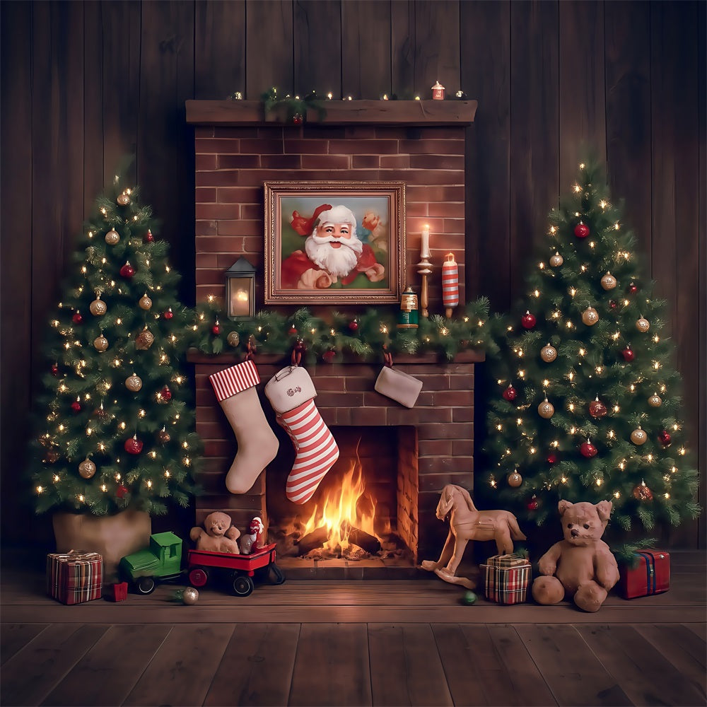 Christmas Backdrops Santa Fireplace Magic Tree Gifts Christmas Photography Backdrops UK MRR8-265