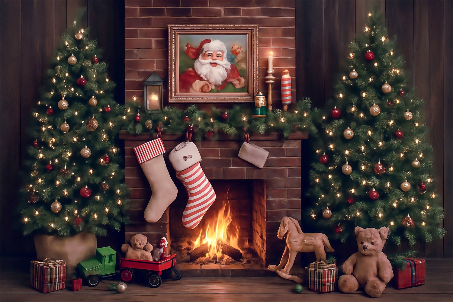Christmas Backdrops Santa Fireplace Magic Tree Gifts Christmas Photography Backdrops UK MRR8-265