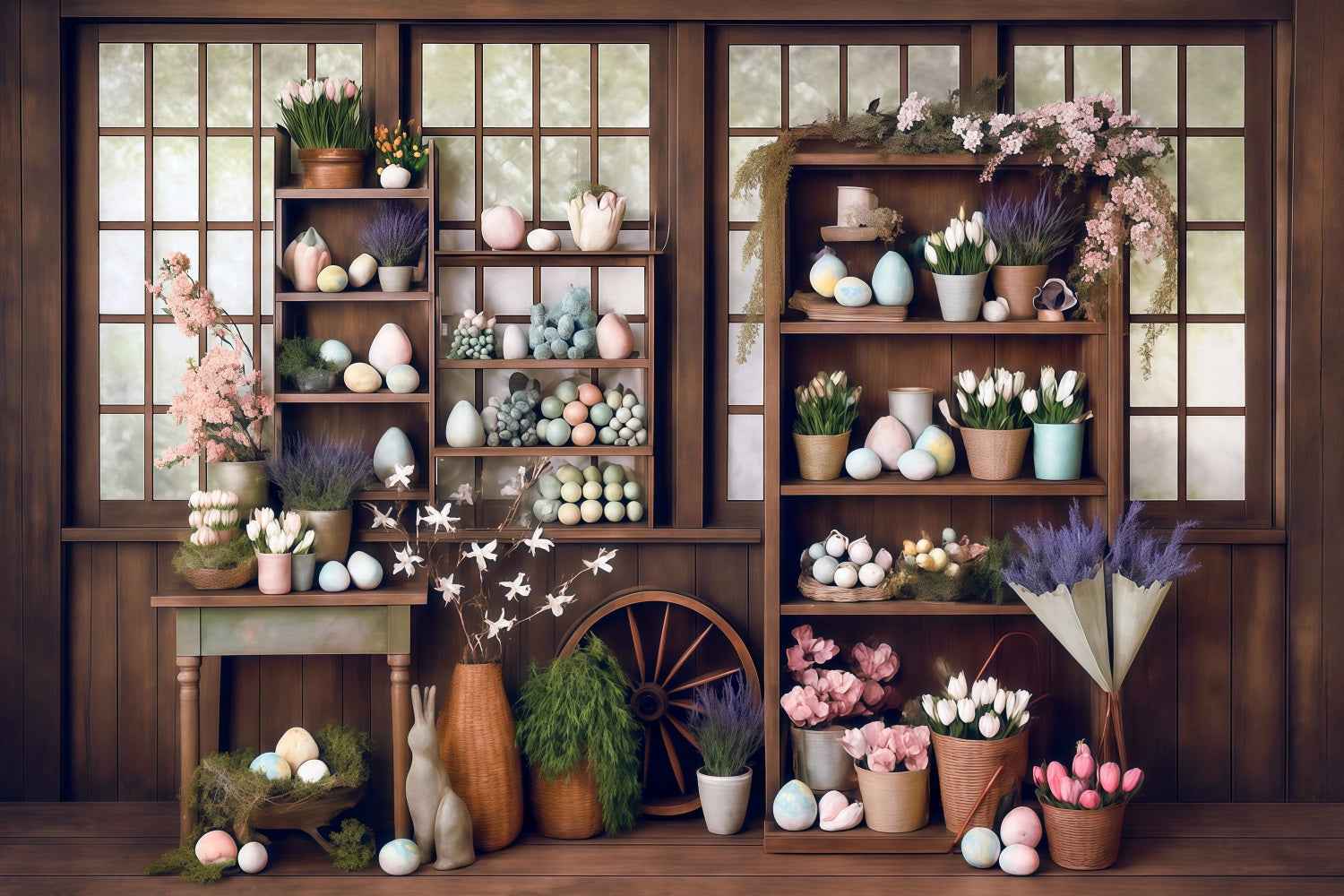 Easter Backdrop Rustic Window Eggs Flowers Easter Photo Backdrop UK MRR8-266