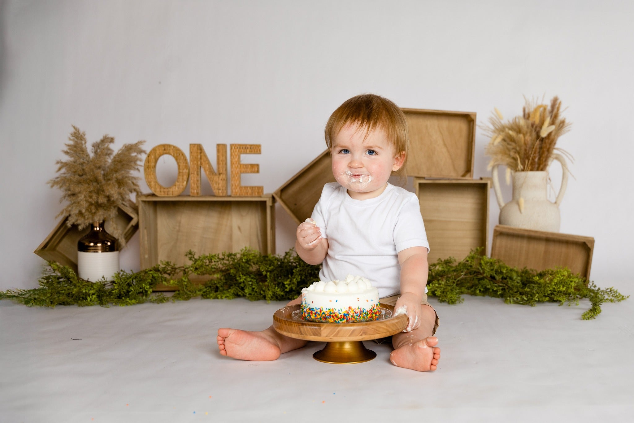 Cake Smash Backdrops Wooden Boxes Pampas Arrangement 1st Birthday Backdrop UK MRR8-269