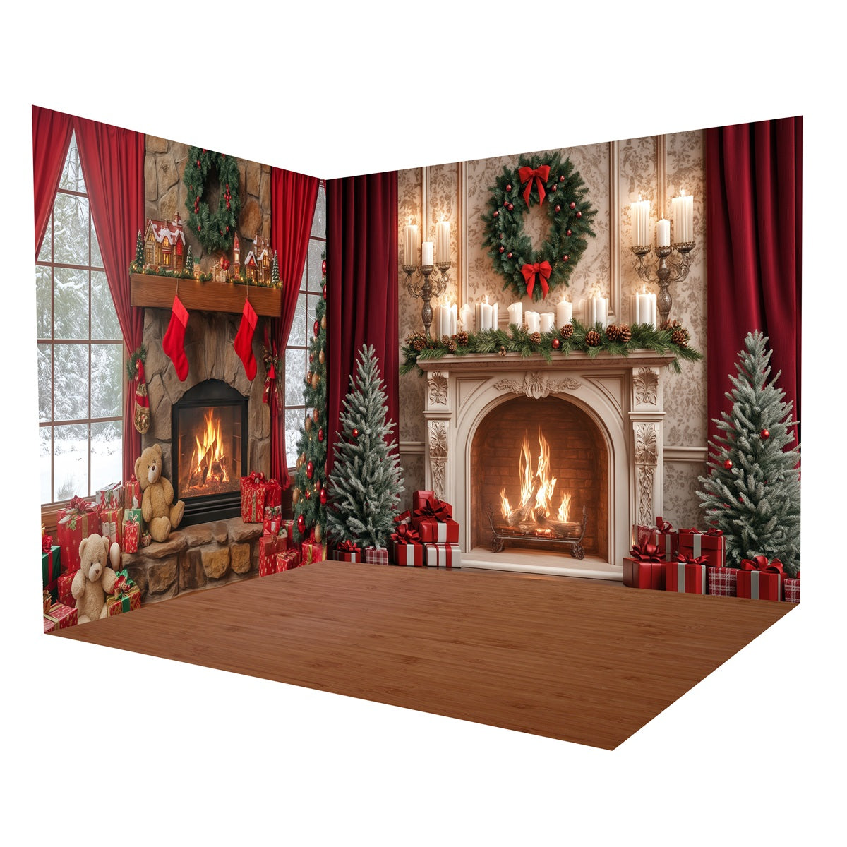 Christmas Photo Backdrop Snowy Window Fireplace Backdrop Room Set UK MRR8-279