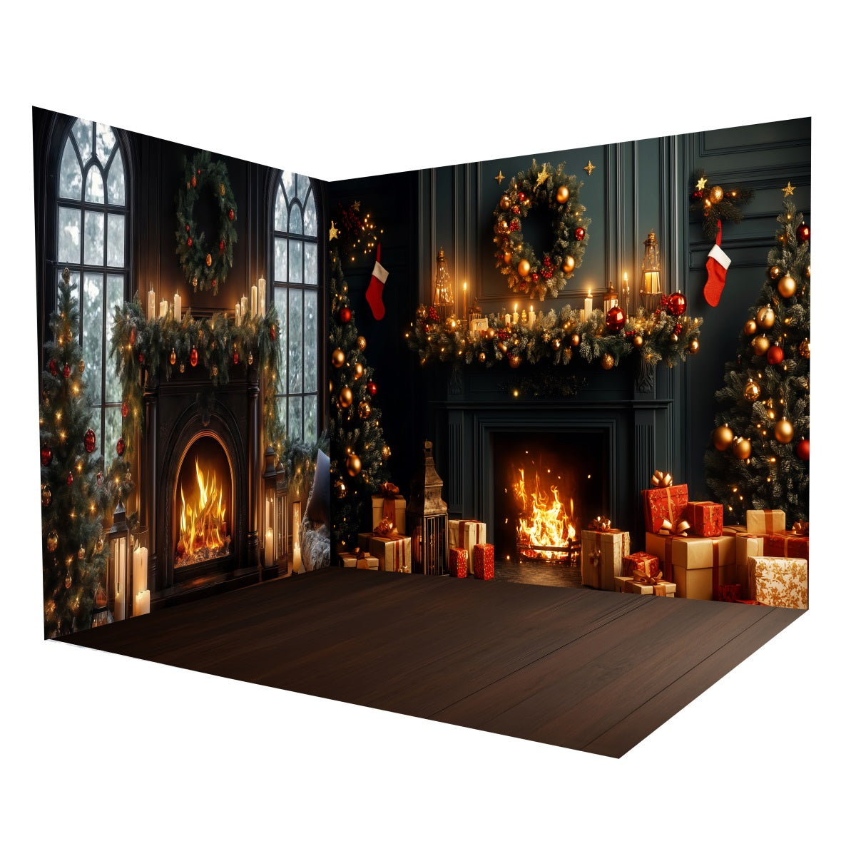 Christmas Photo Backdrop Night Fireplace Candle Backdrop Room Set UK MRR8-304