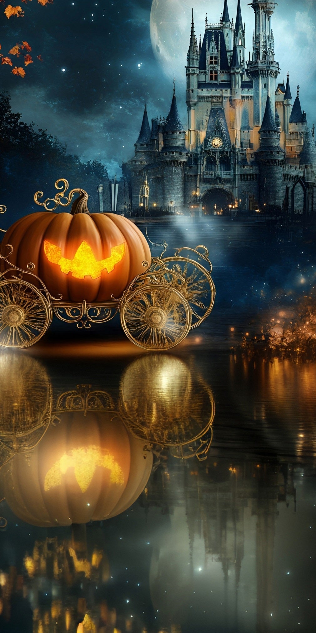 Halloween Backdrop for Photos Pumpkin Carriage Dreamy Castle Lake Sweep Backdrop UK MRR8-44