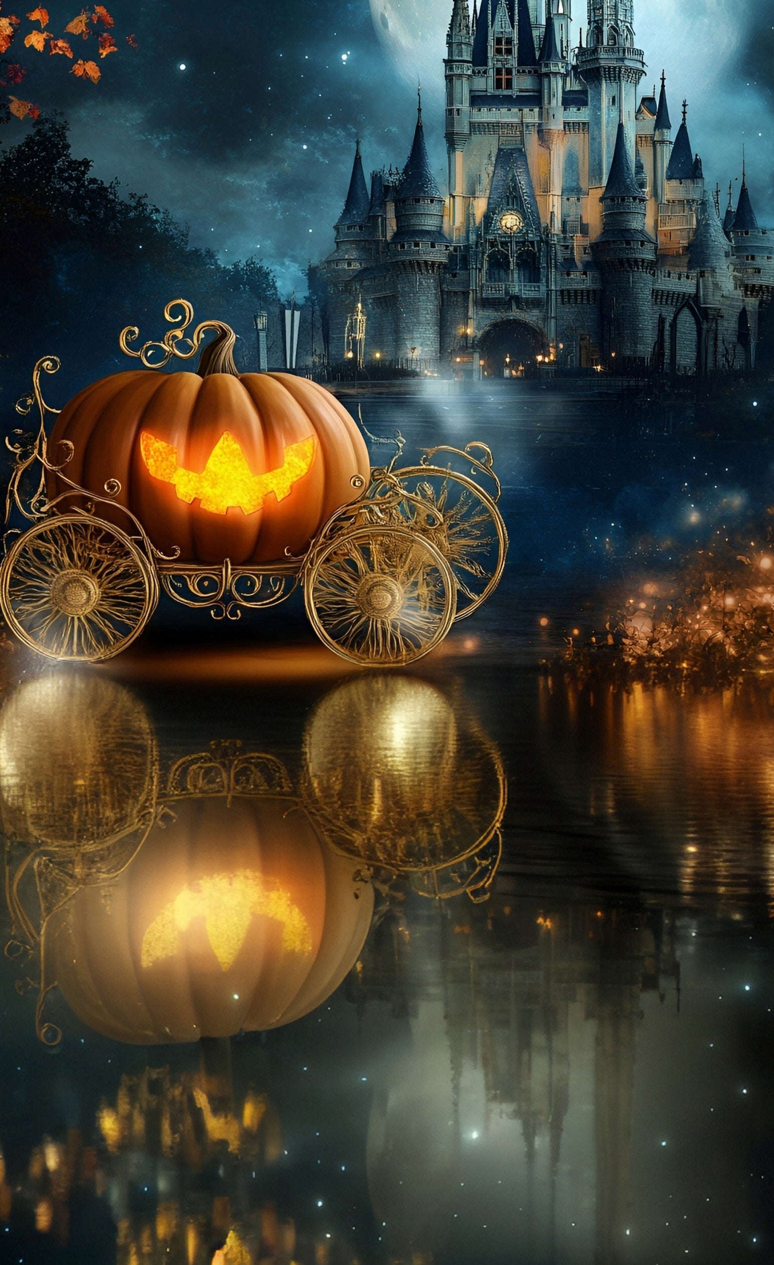 Halloween Backdrop for Photos Pumpkin Carriage Dreamy Castle Lake Sweep Backdrop UK MRR8-44