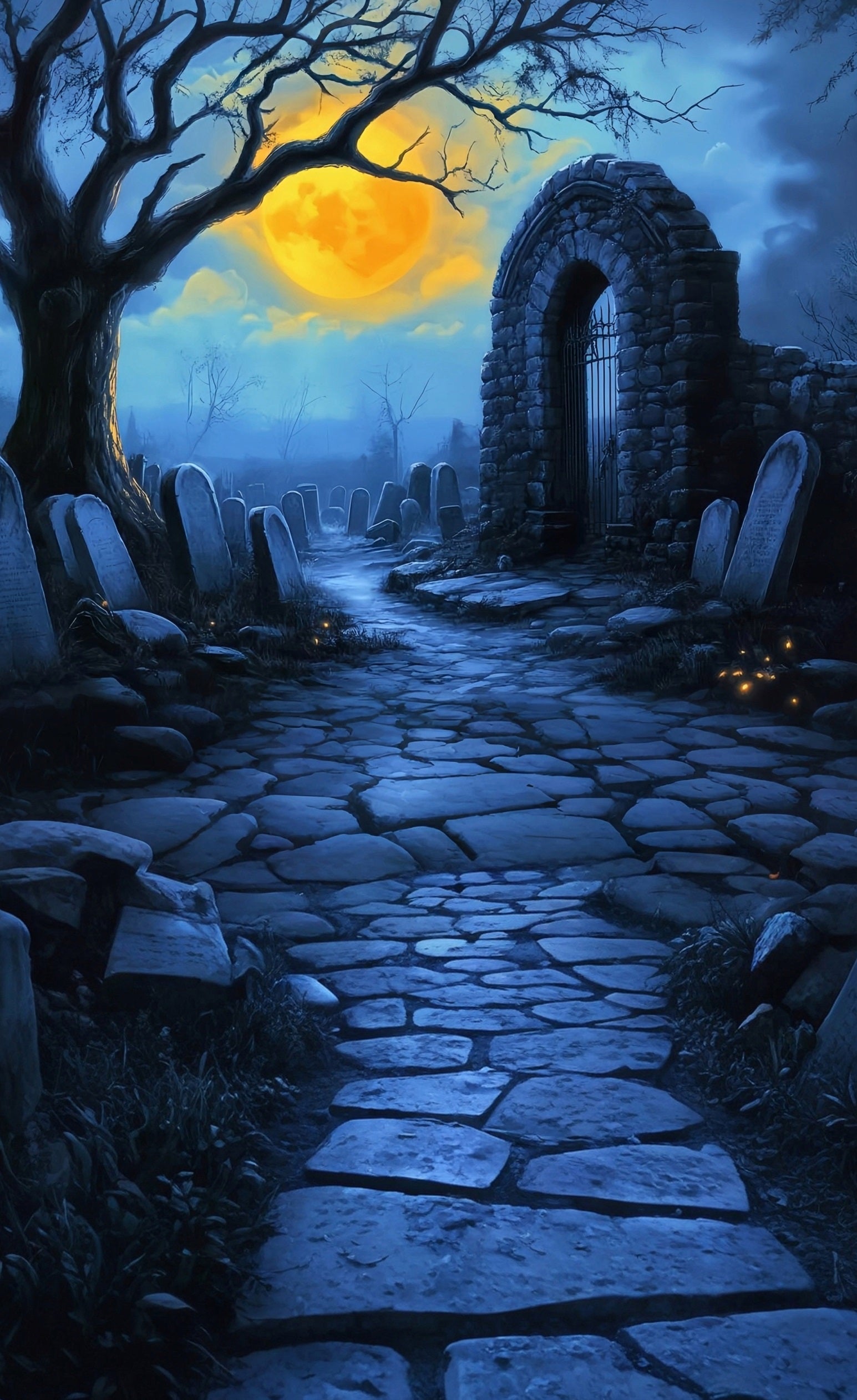 Halloween Graveyard Backdrop Cemetery under the Moonlit Night Sweep Backdrop UK MRR8-48