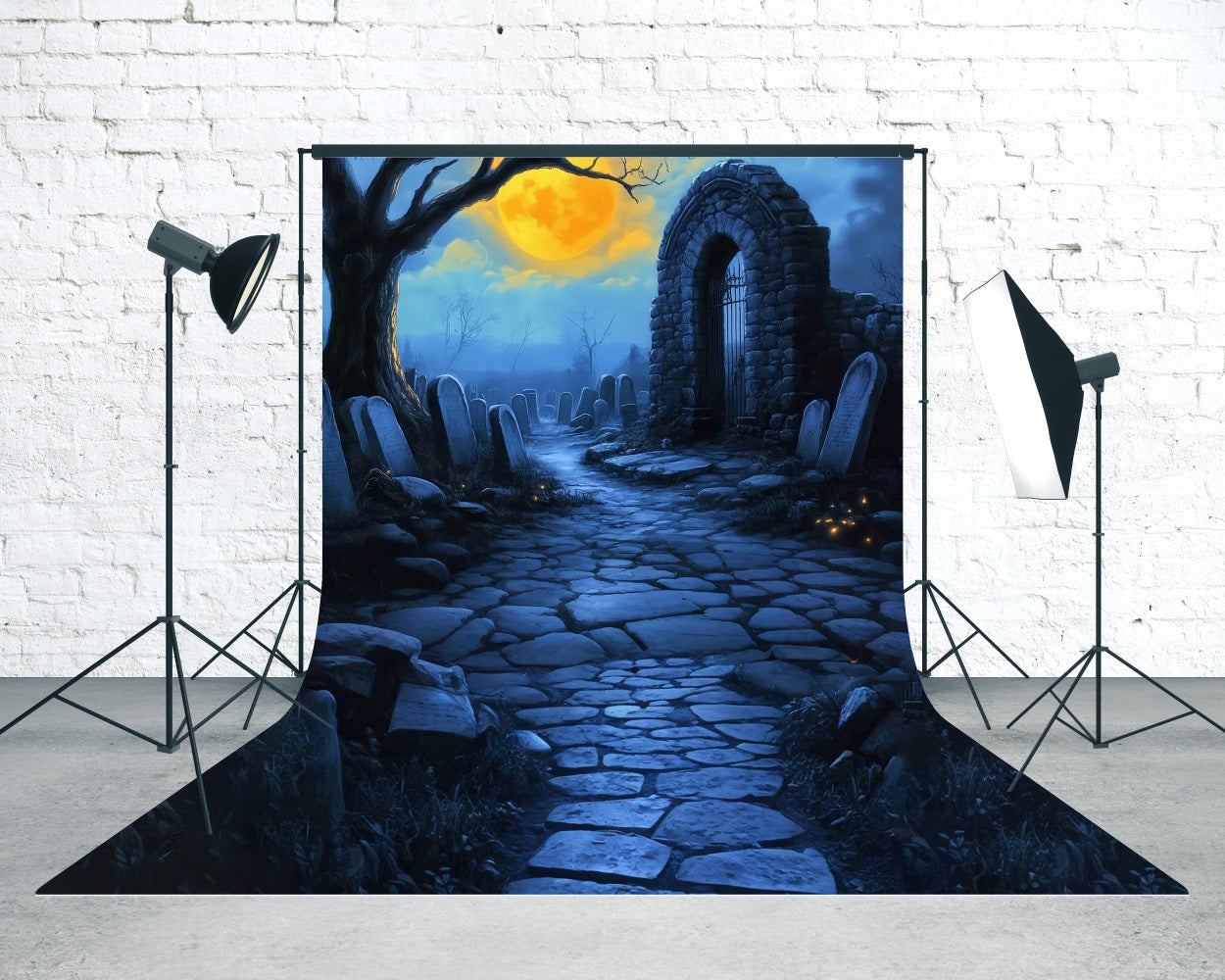 Halloween Graveyard Backdrop Cemetery under the Moonlit Night Sweep Backdrop UK MRR8-48