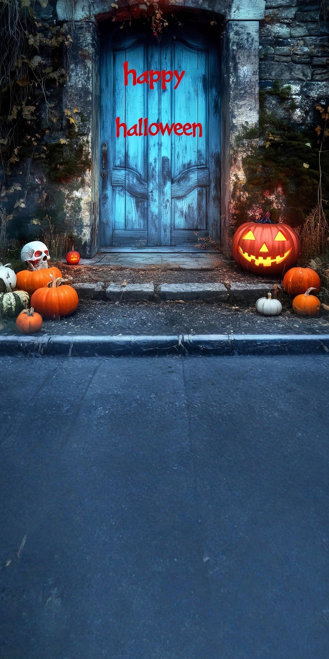Halloween Photo Backdrops Bloodletter "Happy Halloween" Blue Vintage Door Sweep Backdrop UK MRR8-50