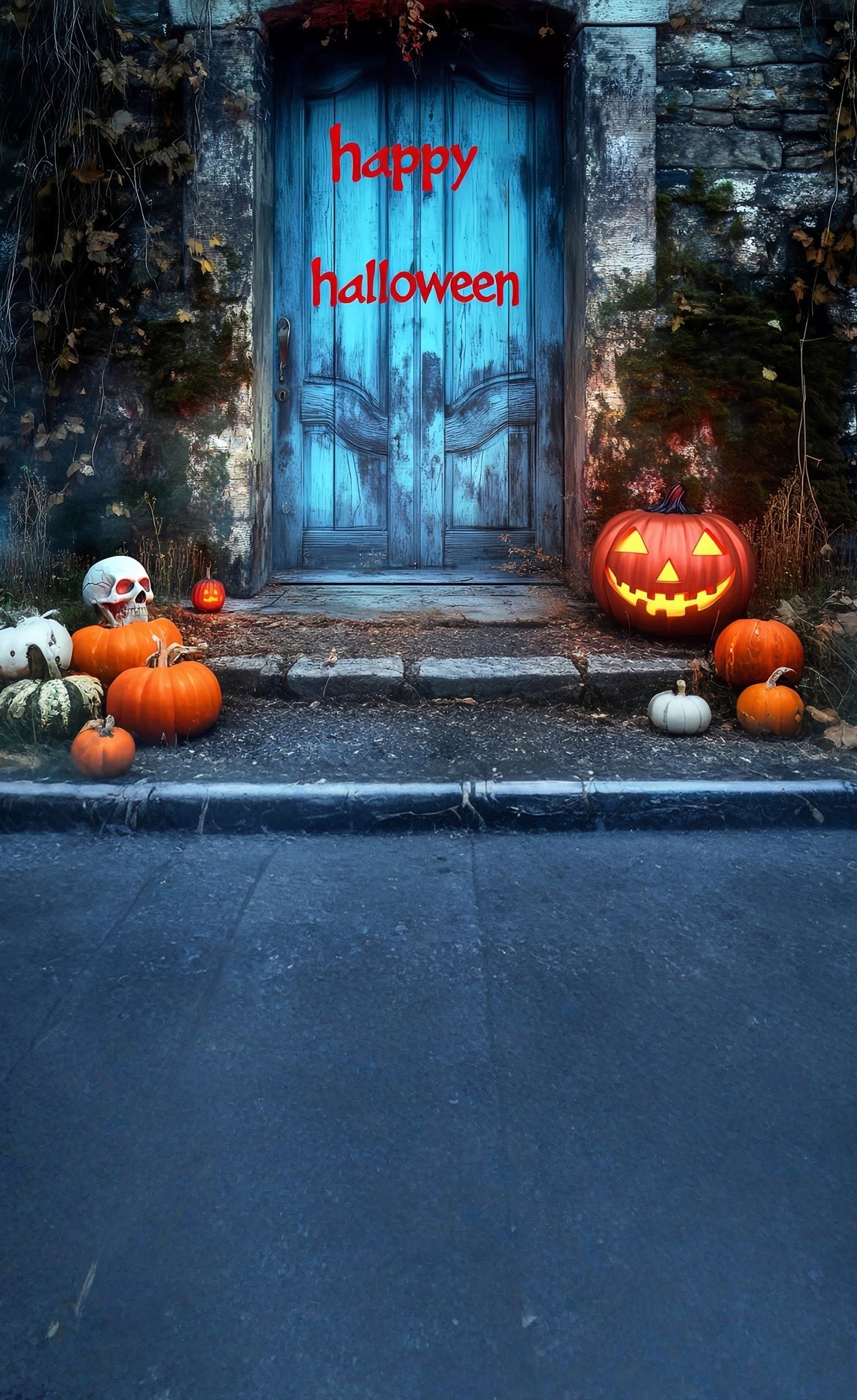 Halloween Photo Backdrops Bloodletter "Happy Halloween" Blue Vintage Door Sweep Backdrop UK MRR8-50