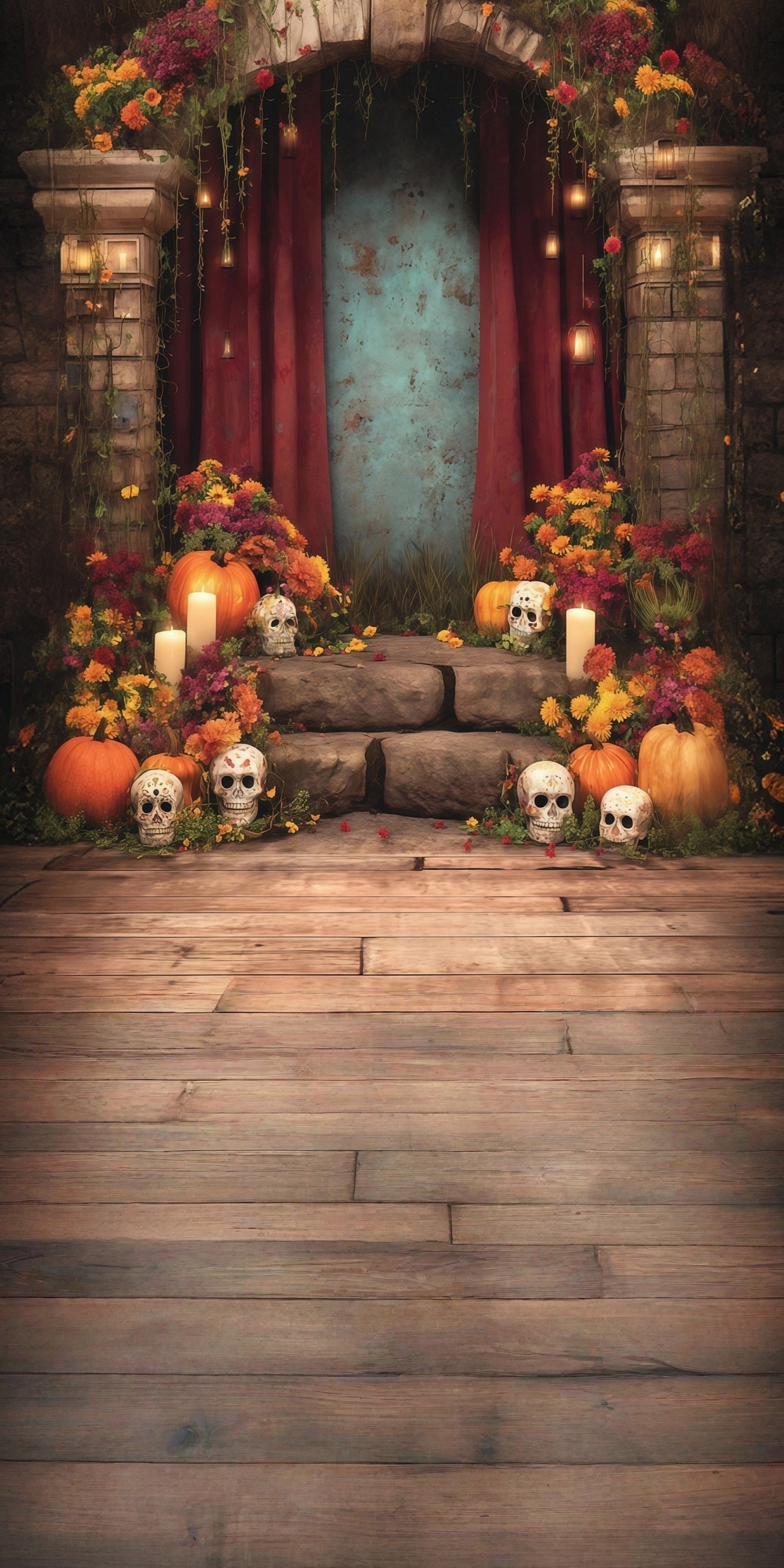 Spooky Halloween Backdrop Tranquil Flowers Candles Adorned Steps Sweep Backdrop UK MRR8-52