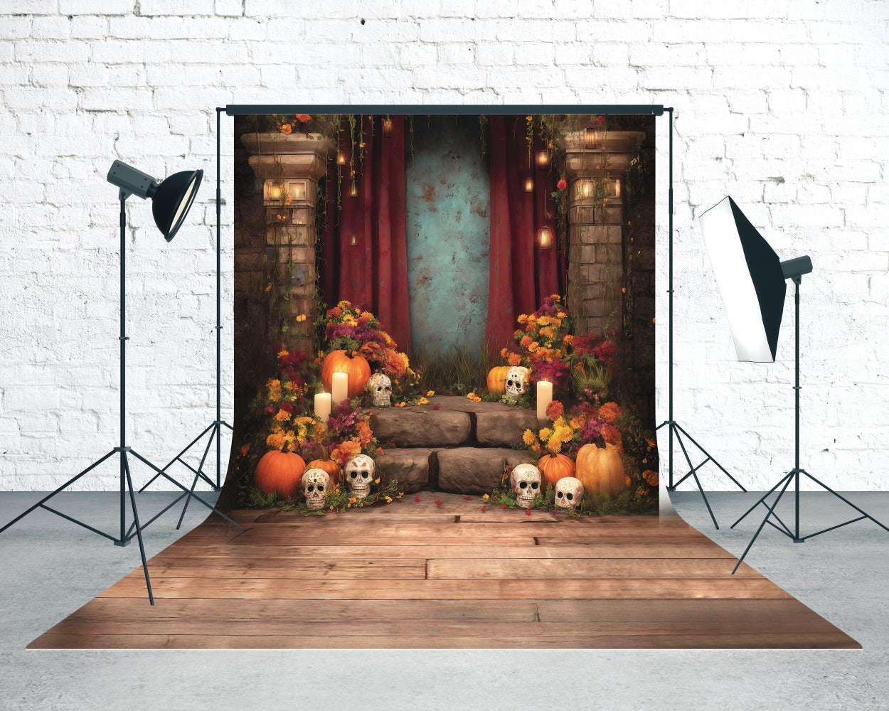 Spooky Halloween Backdrop Tranquil Flowers Candles Adorned Steps Sweep Backdrop UK MRR8-52