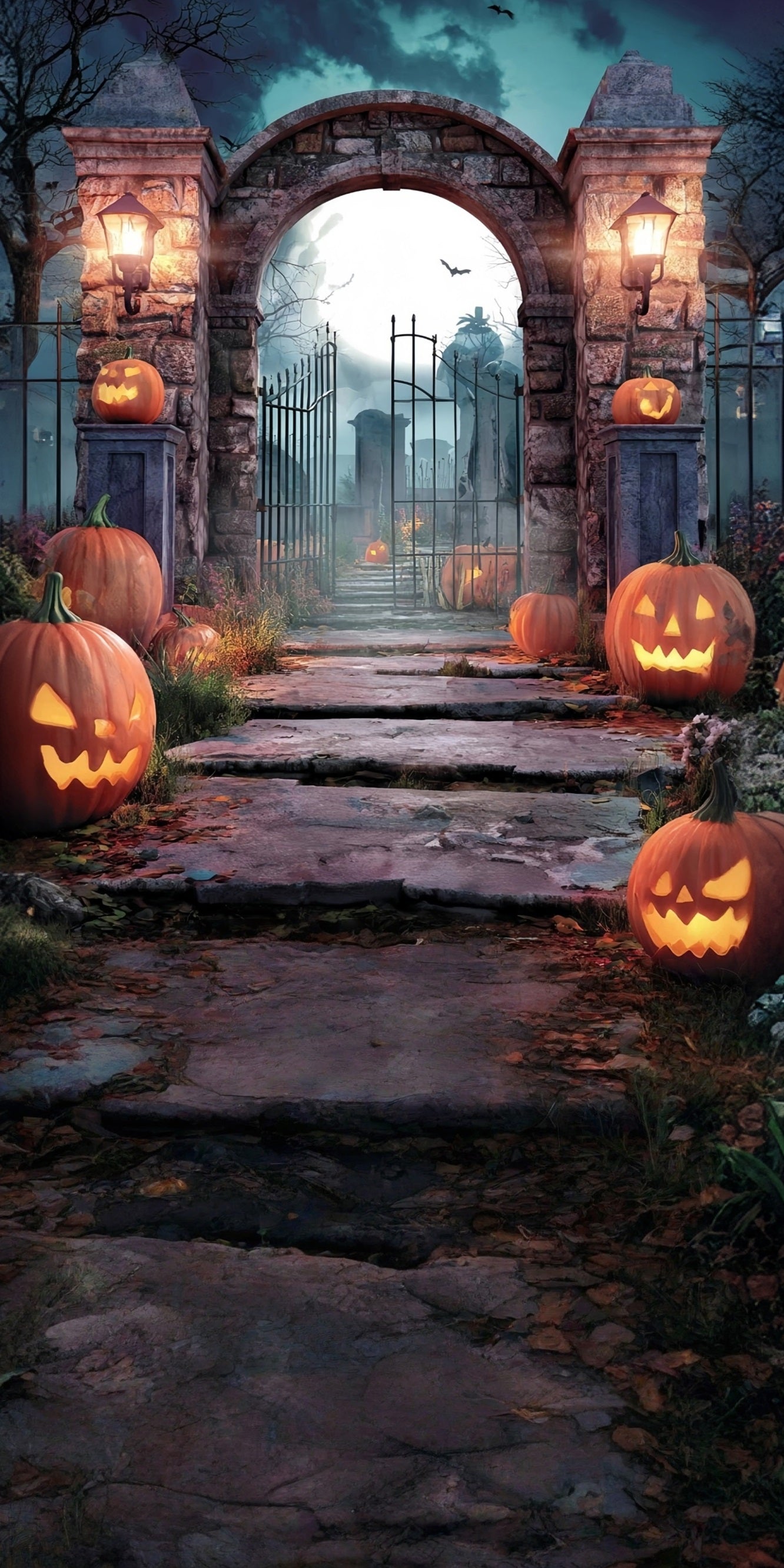 Halloween Graveyard Backdrop Pumpkin Lamps Stone Brick Cemetery Gate Sweep Backdrop UK MRR8-53