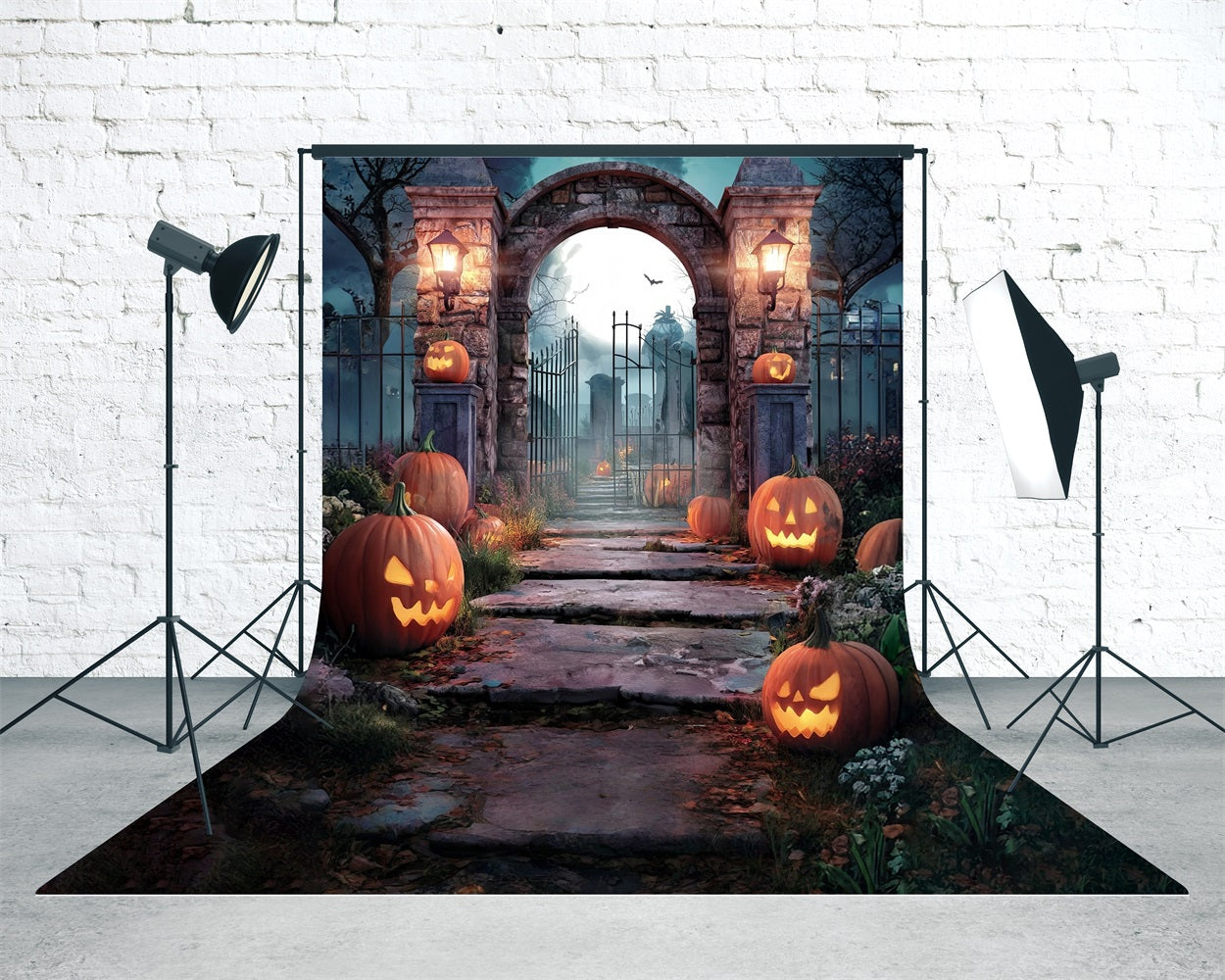 Halloween Graveyard Backdrop Pumpkin Lamps Stone Brick Cemetery Gate Sweep Backdrop UK MRR8-53