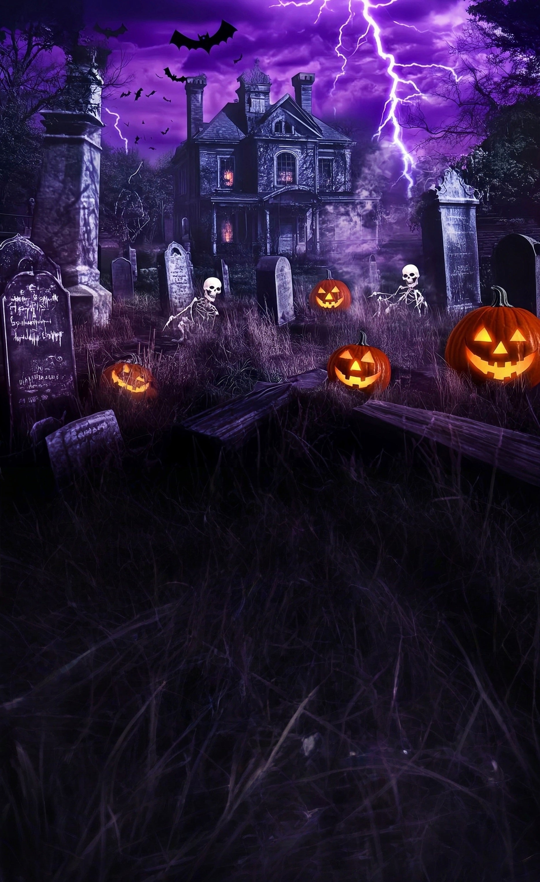 Haunted House Backdrop Lightning Haunted House Graveyard Skeleton Dance Sweep Backdrop UK MRR8-56