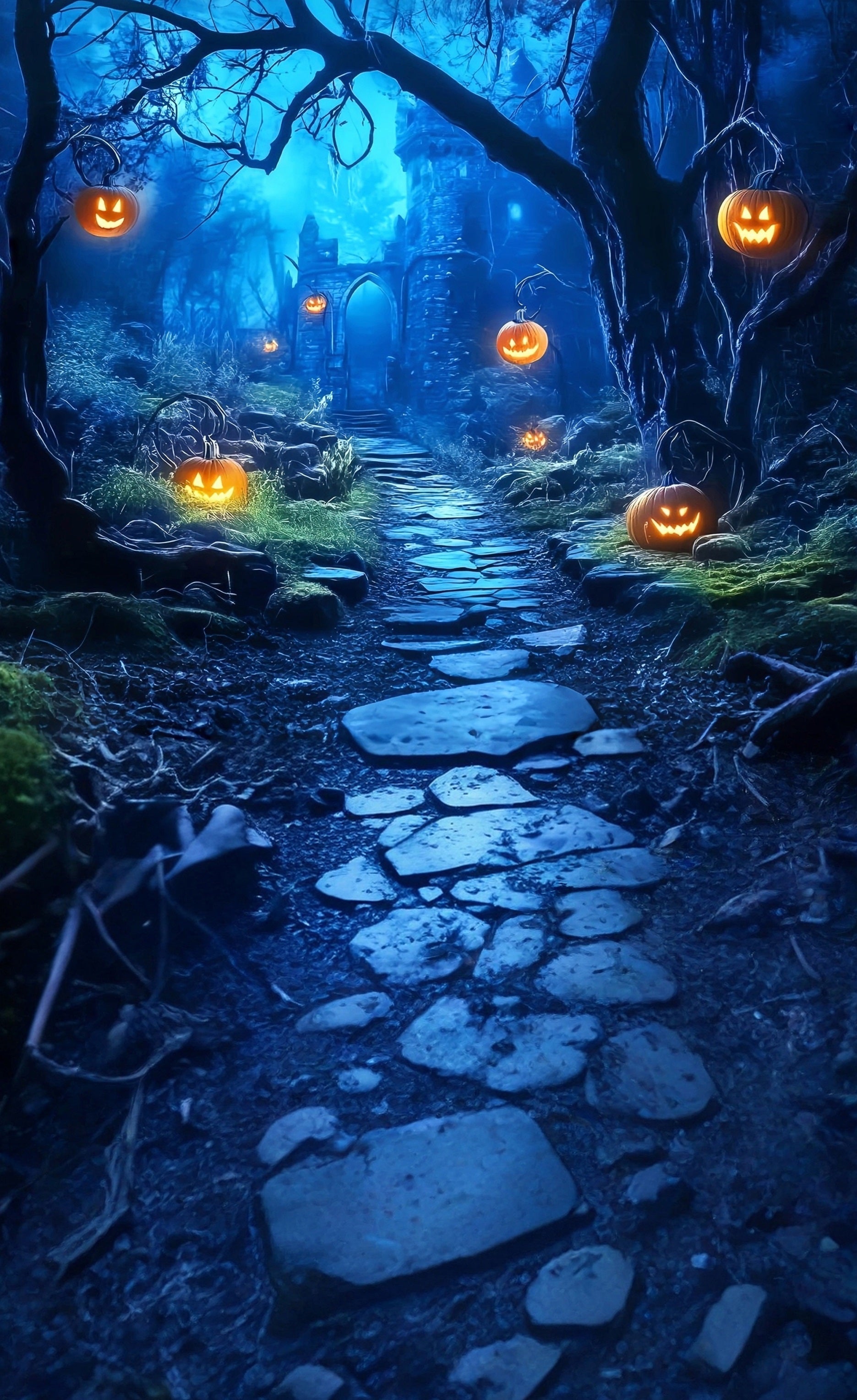 Scary Halloween Backdrops Pumpkin Lights Spooky Forest Trail Sweep Backdrop UK MRR8-58