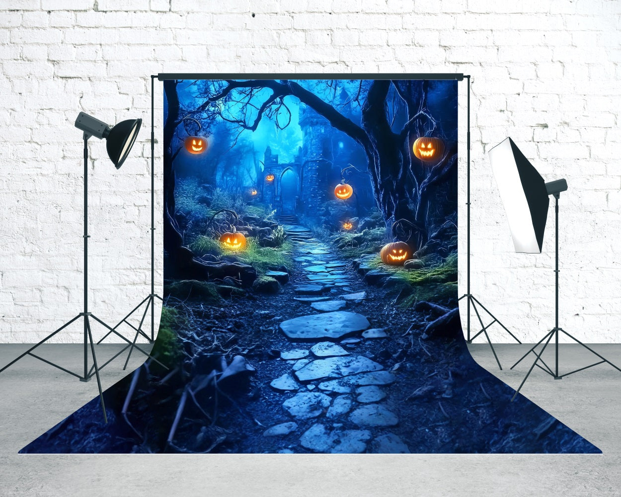 Scary Halloween Backdrops Pumpkin Lights Spooky Forest Trail Sweep Backdrop UK MRR8-58