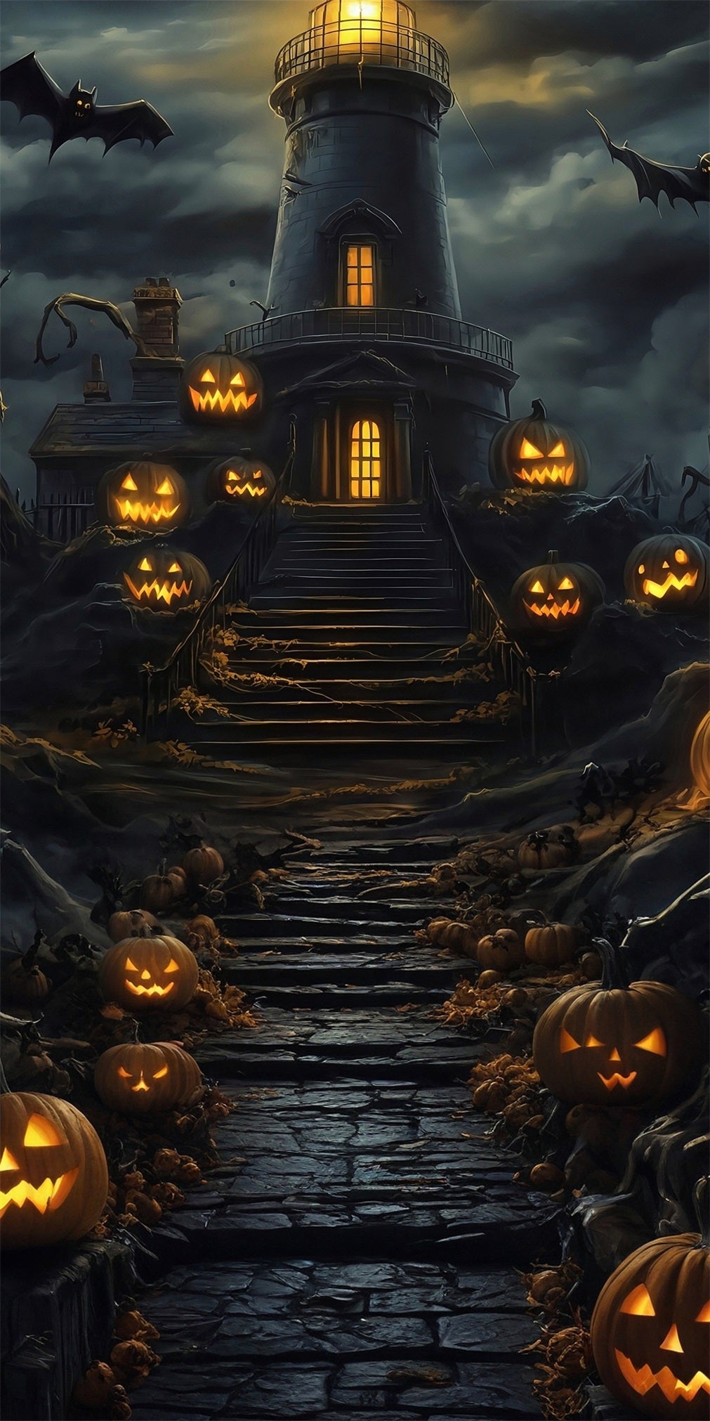 Halloween Backdrop Pumpkin Lamp Steps Dark Clouds Dark Night Tower Sweep Backdrop UK MRR8-64