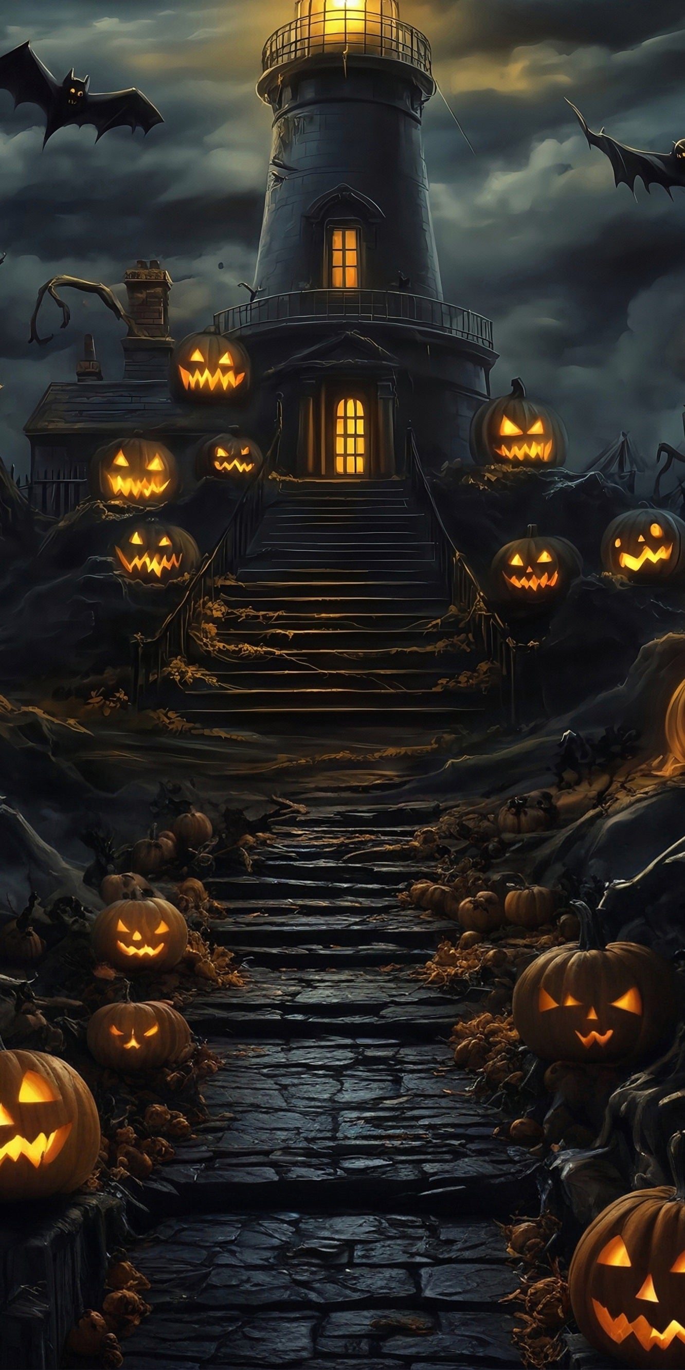 Halloween Backdrop Pumpkin Lamp Steps Dark Clouds Dark Night Tower Sweep Backdrop UK MRR8-64