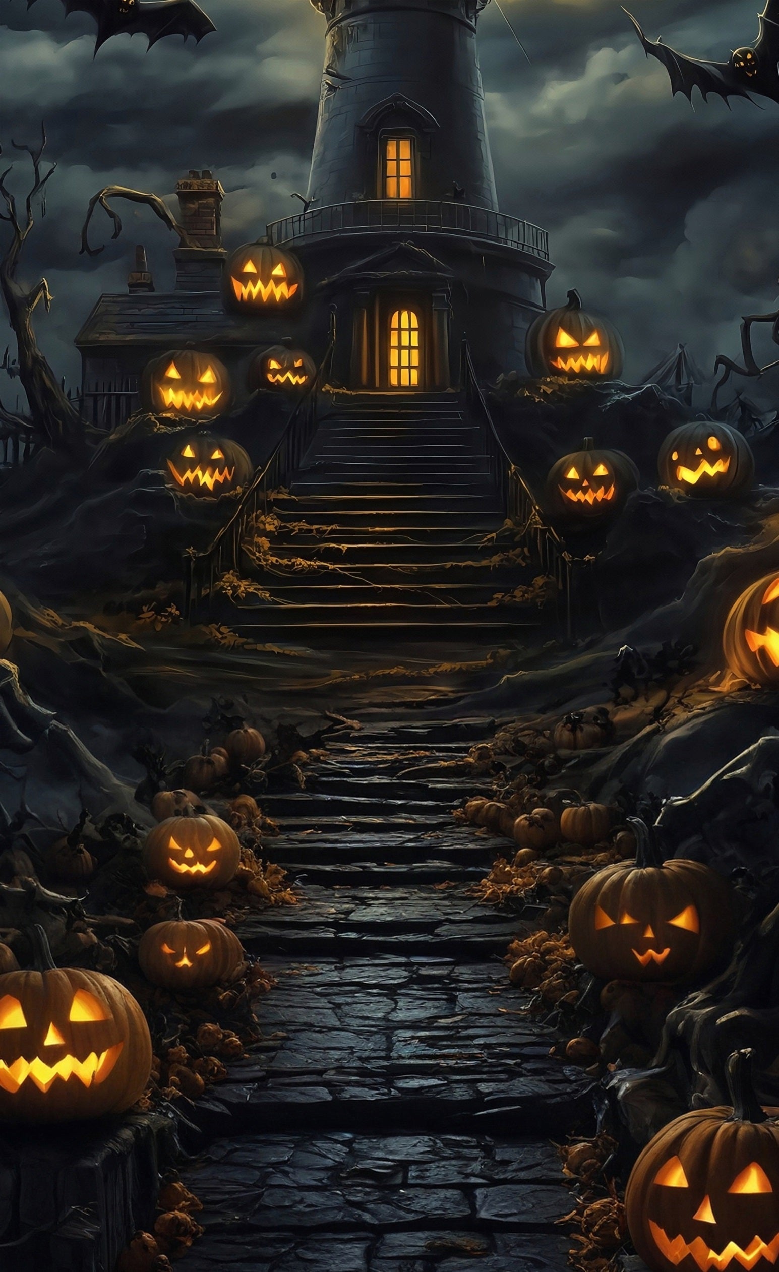 Halloween Backdrop Pumpkin Lamp Steps Dark Clouds Dark Night Tower Sweep Backdrop UK MRR8-64