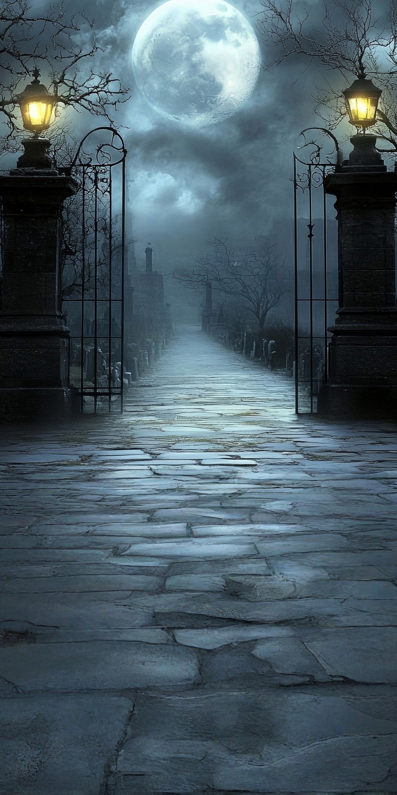 Halloween Backdrop Moonlit Night Misty Vintage Streetlight Cemetery Gates Sweep Backdrop UK MRR8-67