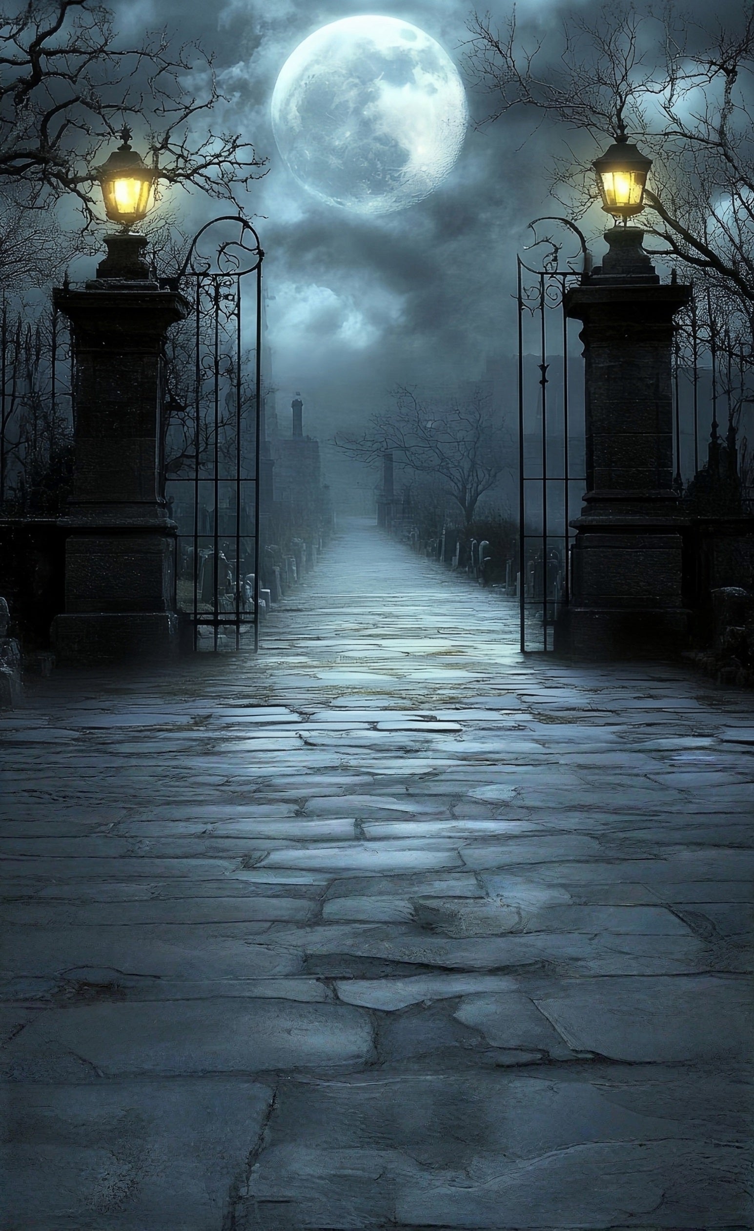 Halloween Backdrop Moonlit Night Misty Vintage Streetlight Cemetery Gates Sweep Backdrop UK MRR8-67