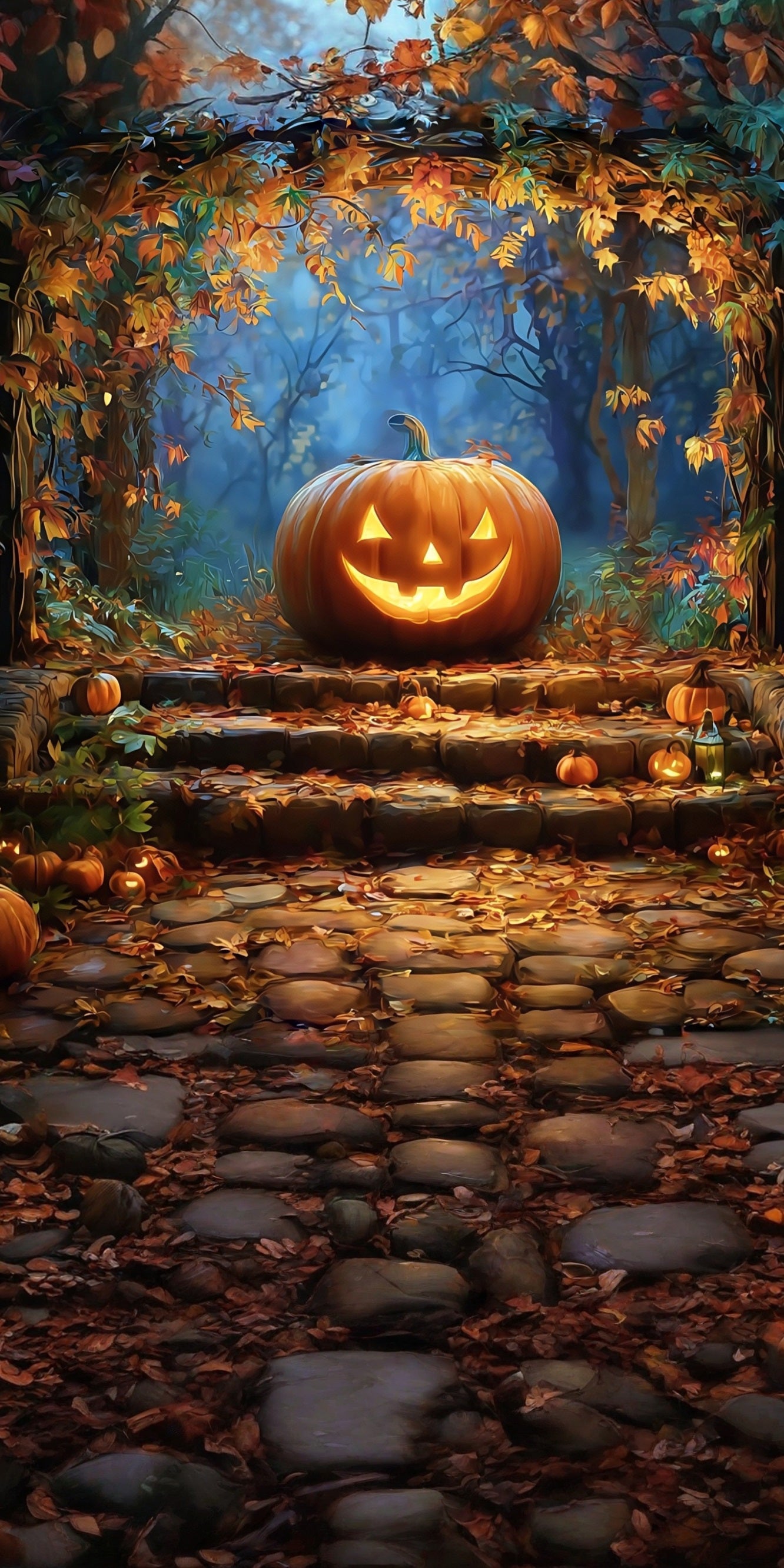 Halloween Wall Backdrop Wicked Smiley Pumpkin Lights Under Fall Leaves Sweep Backdrop UK MRR8-68