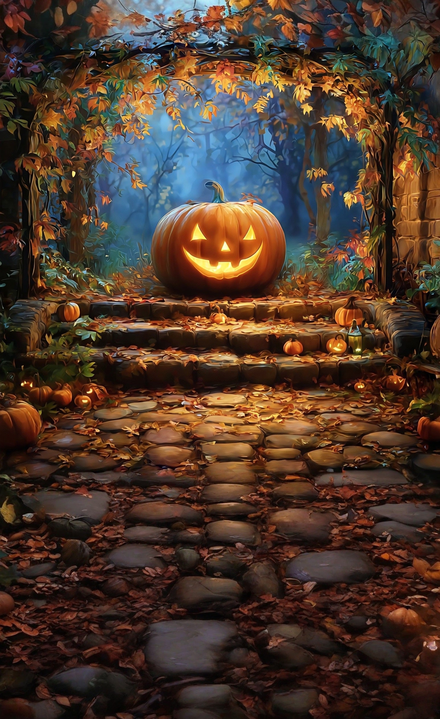 Halloween Wall Backdrop Wicked Smiley Pumpkin Lights Under Fall Leaves Sweep Backdrop UK MRR8-68