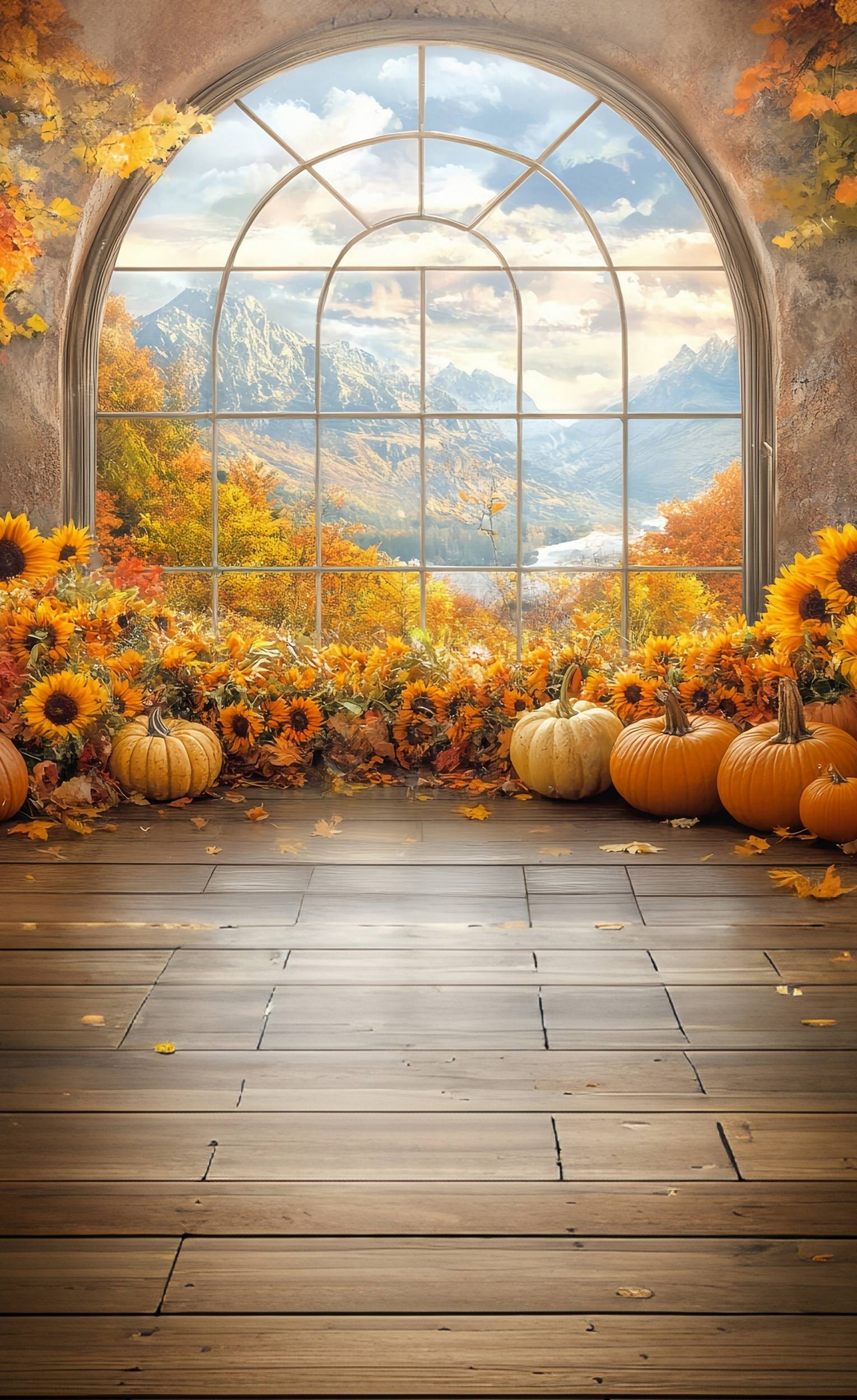 Fall Photo Backdrop Sunflower Window Mountain View Sweep Backdrop UK MRR8-72