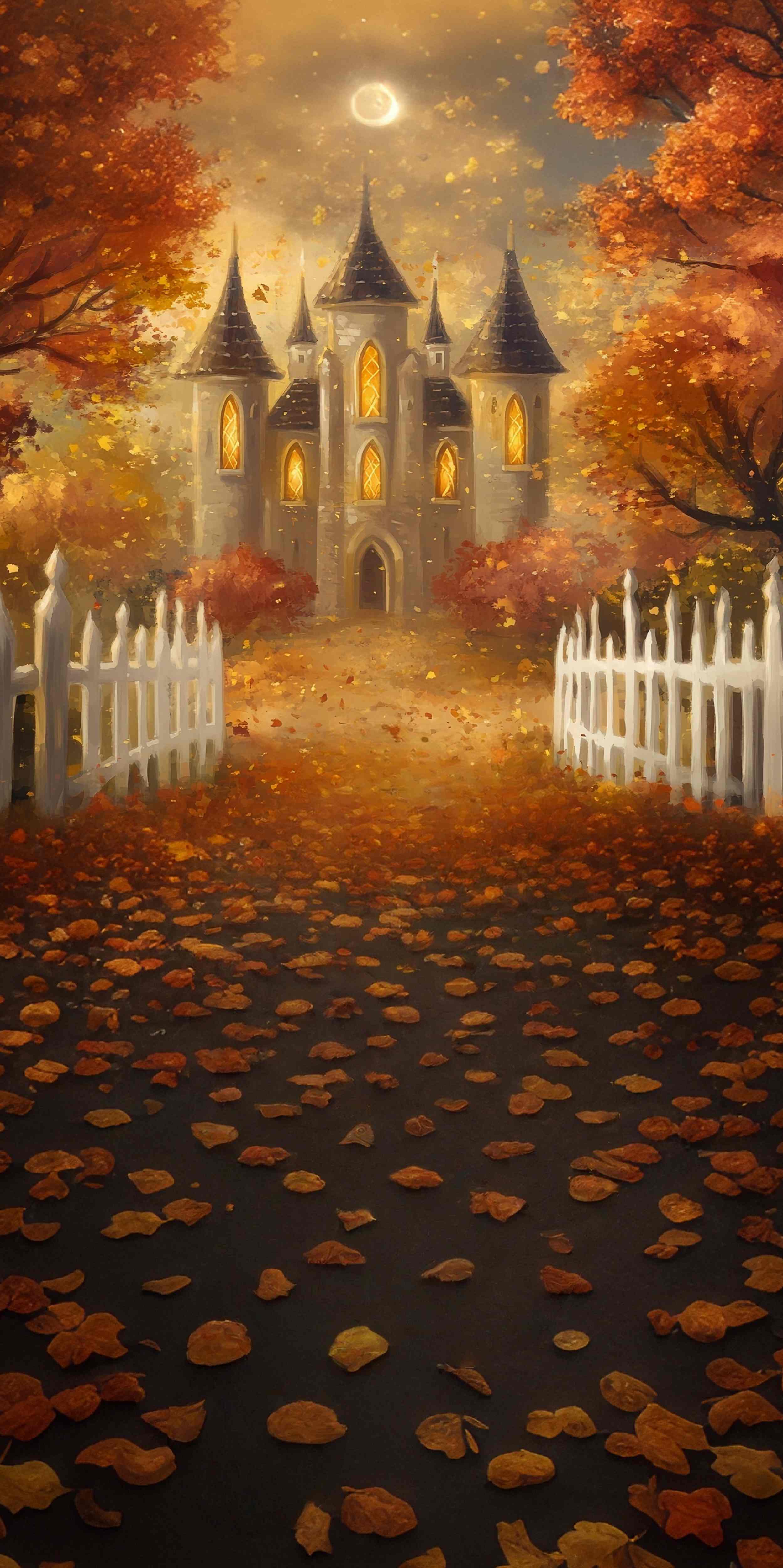 Fall Backdrops for Photography Autumn Castle Moonlit Leaves Sweep Backdrop UK MRR8-76