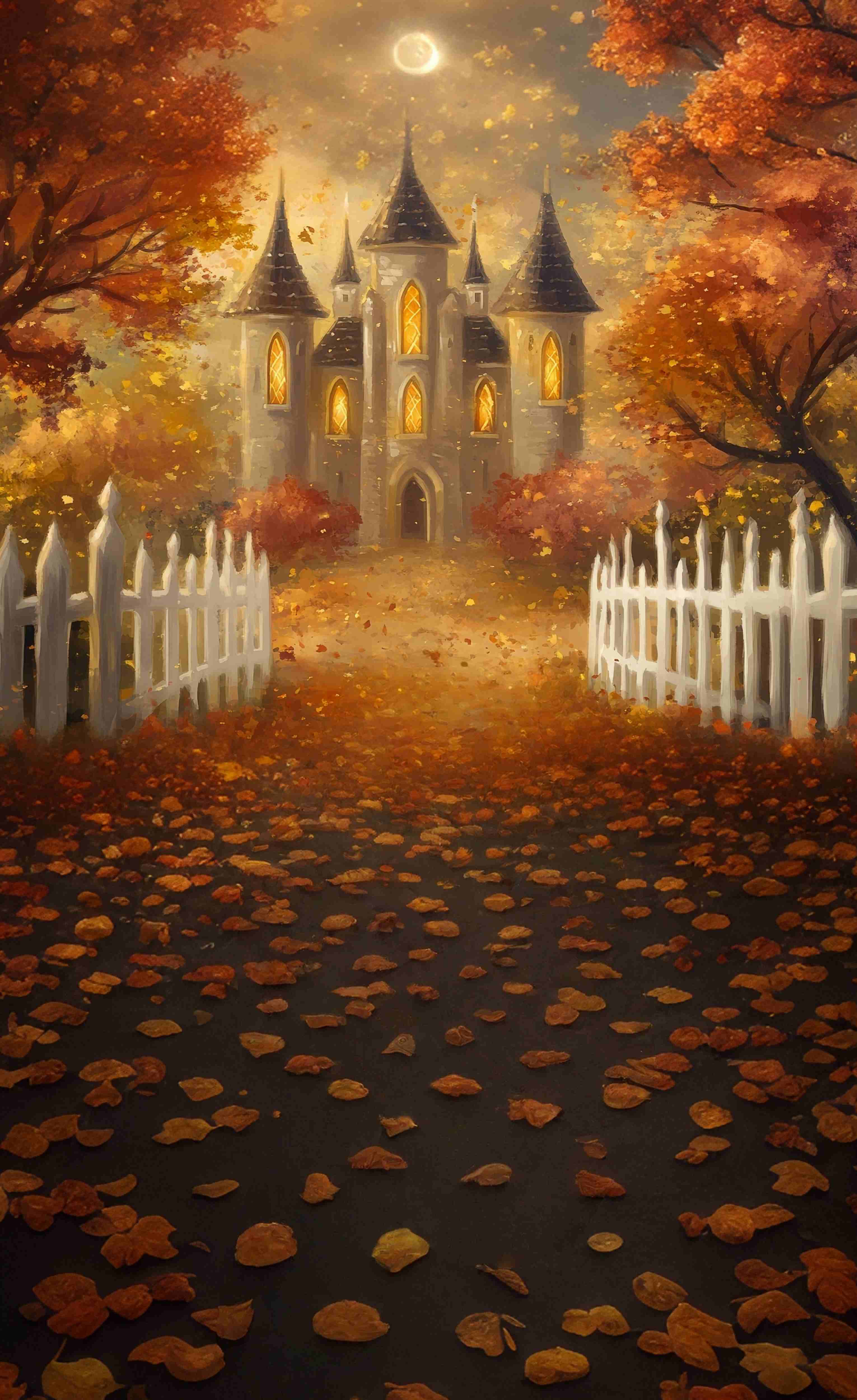 Fall Backdrops for Photography Autumn Castle Moonlit Leaves Sweep Backdrop UK MRR8-76