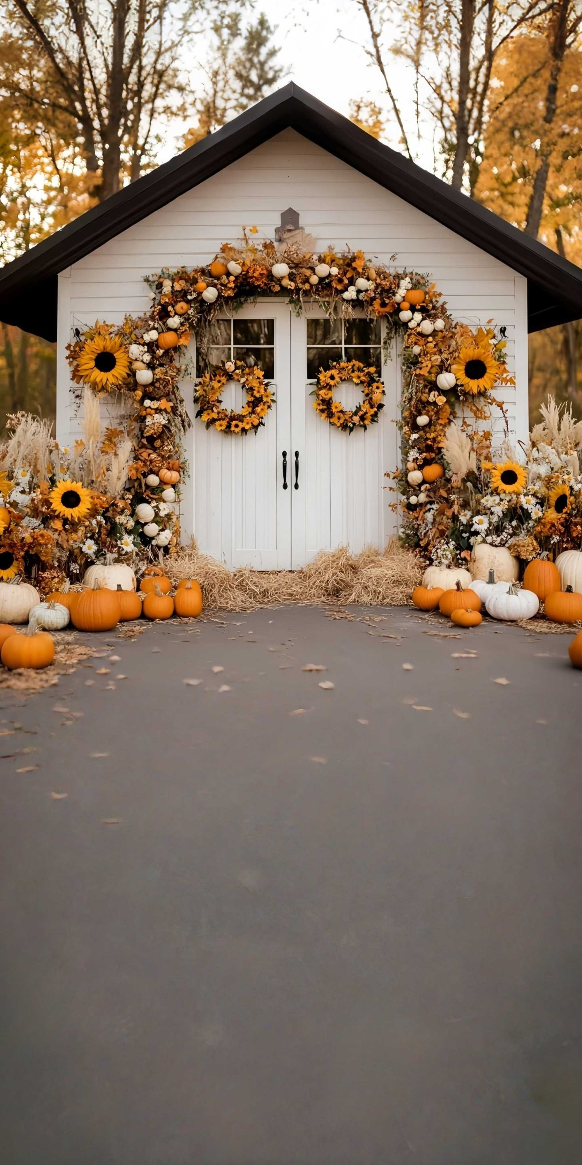 Fall Backdrop for Pictures Sunflower Pumpkin Cottage Porch Sweep Backdrop UK MRR8-79