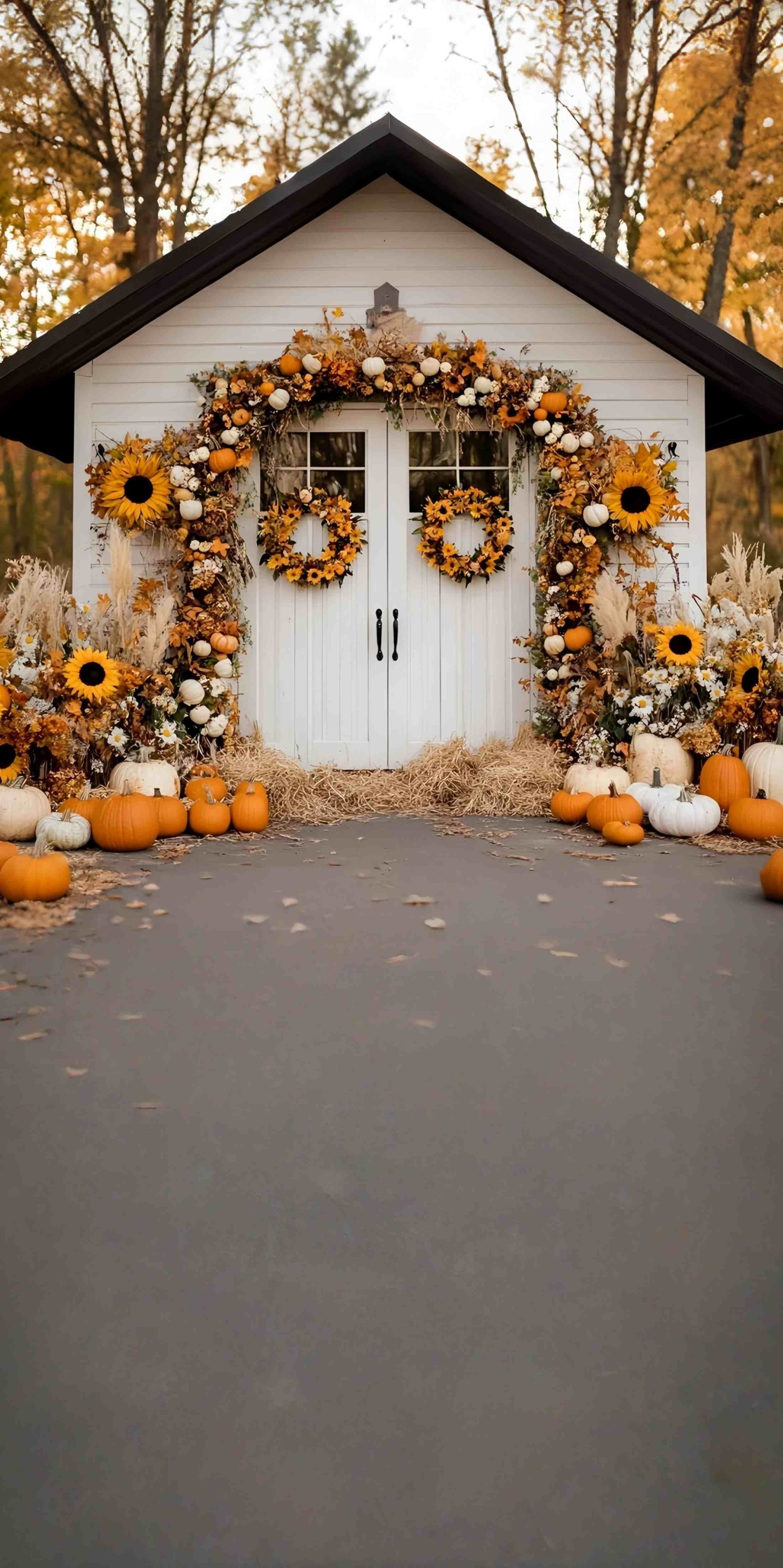Fall Backdrop for Pictures Sunflower Pumpkin Cottage Porch Sweep Backdrop UK MRR8-79