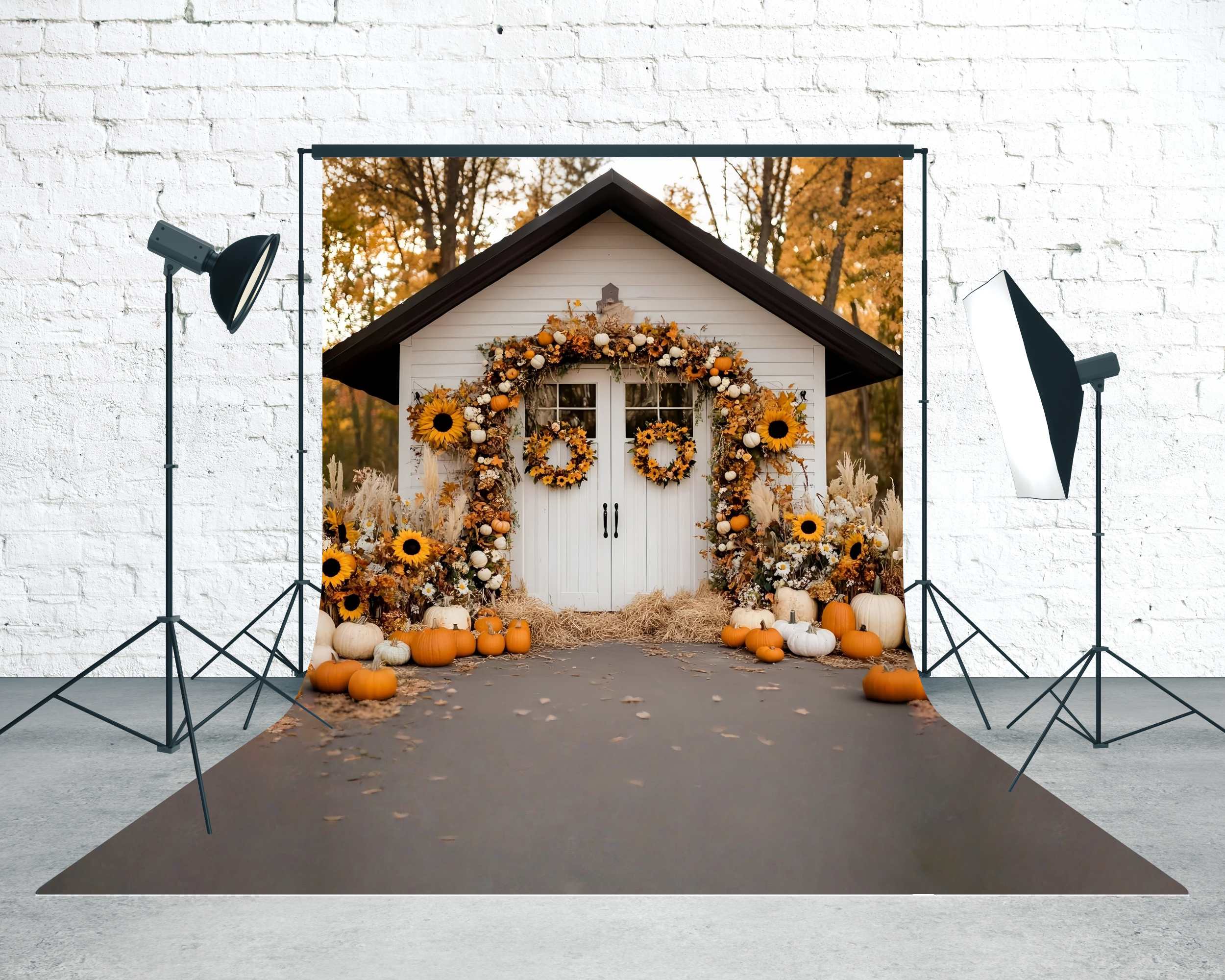 Fall Backdrop for Pictures Sunflower Pumpkin Cottage Porch Sweep Backdrop UK MRR8-79