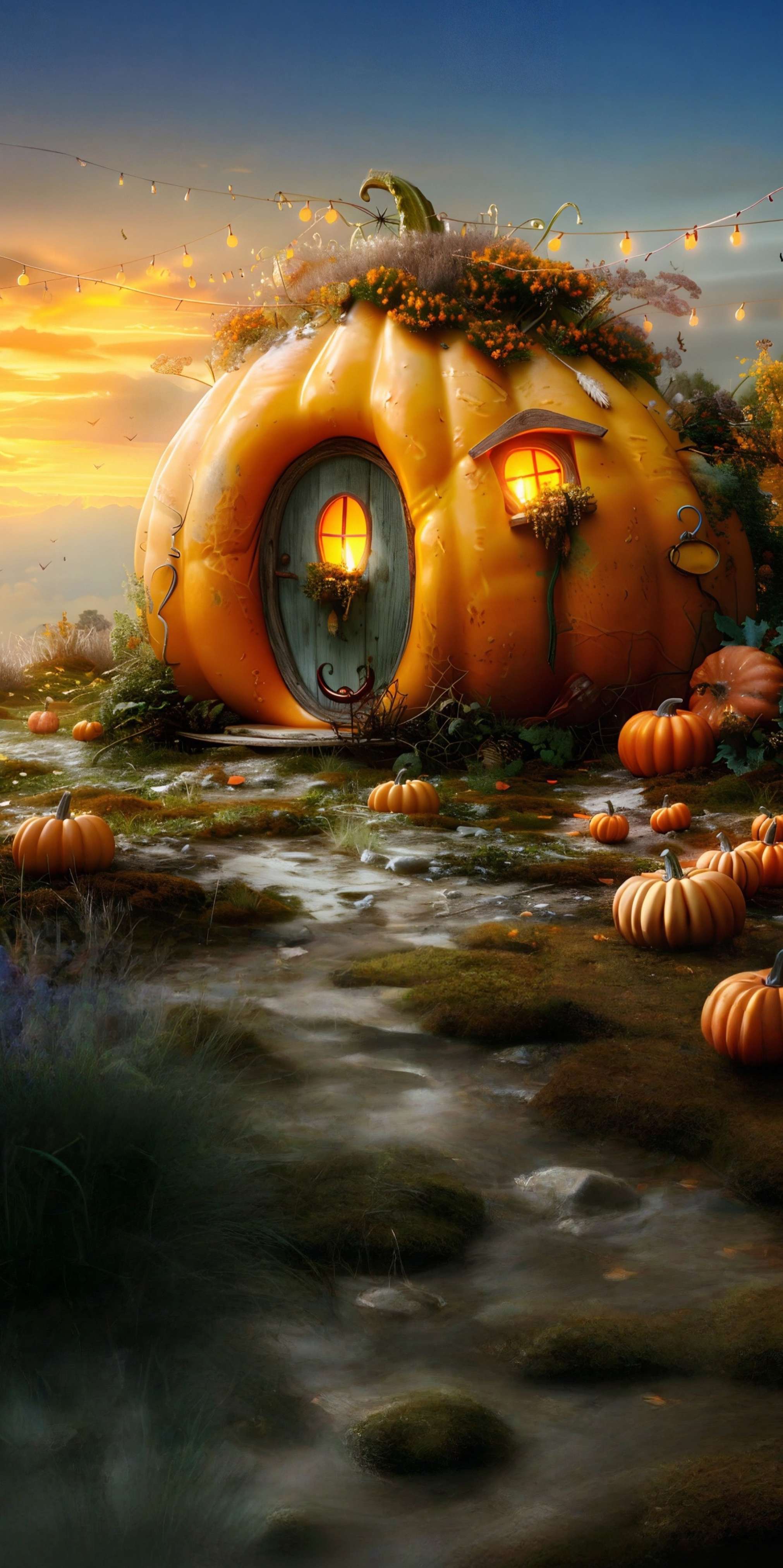 Autumn Photo Backdrop Whimsical Pumpkin Cottage Path Sweep Backdrop UK MRR8-88